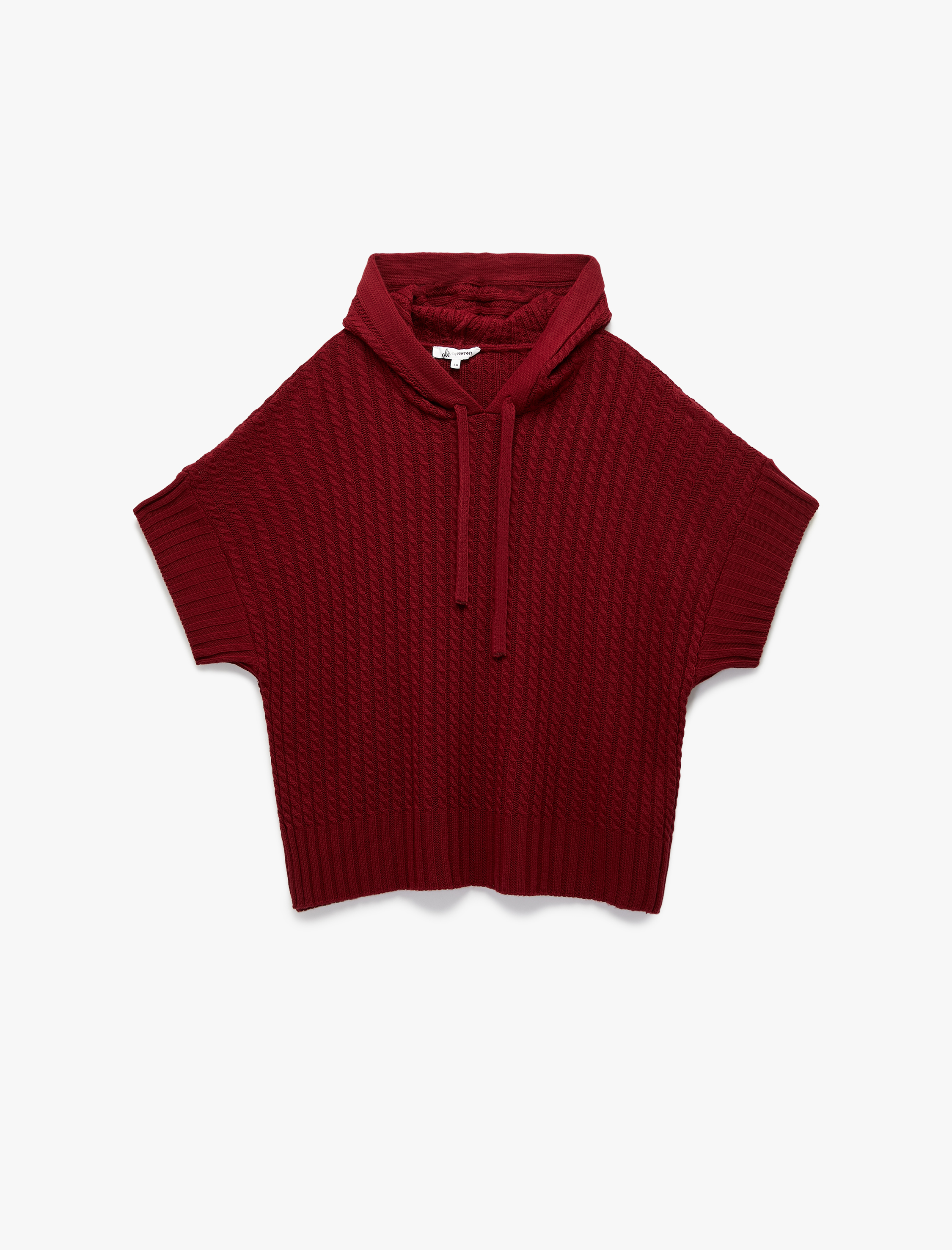   Geniş Kısa Kollu Kapüşonlu Saç Örgüsü Dokulu Triko Oversize Panço