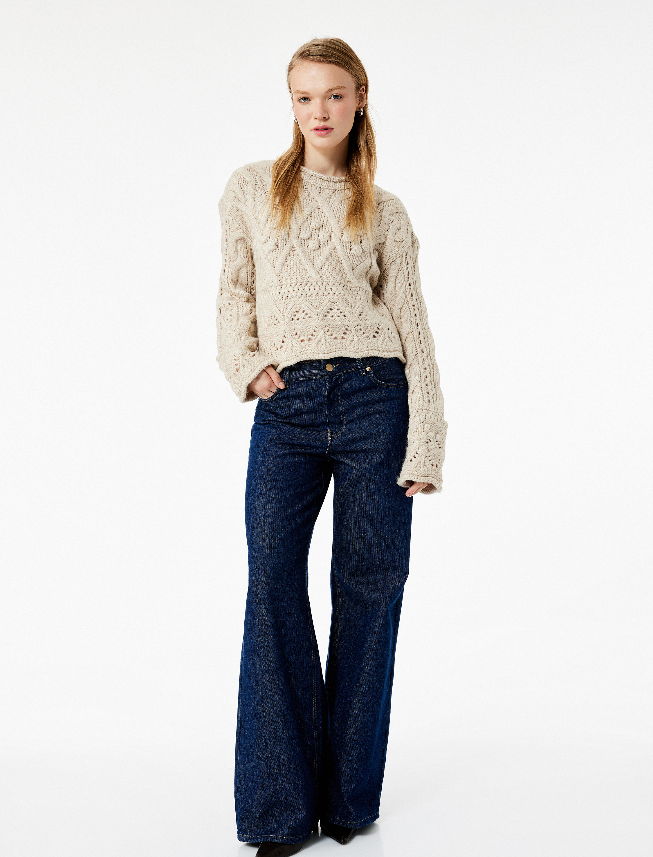   Bisiklet Yaka Uzun Kollu Örgü Dokulu Triko Crop Kazak