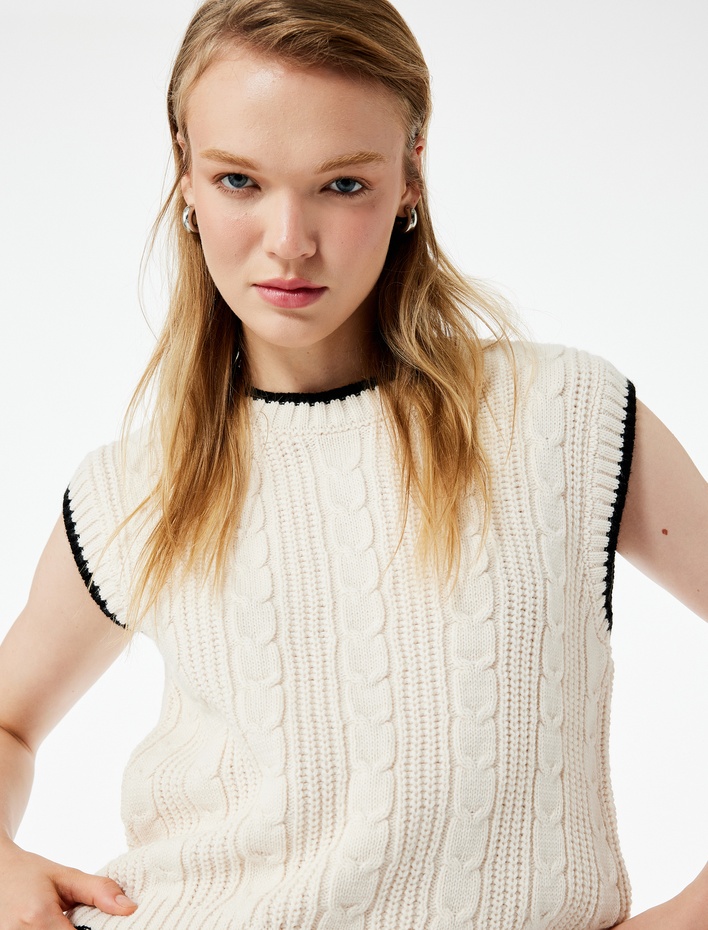  Saç Örgü Dokulu Kolsuz Biyeli Bisiklet Yaka Süveter