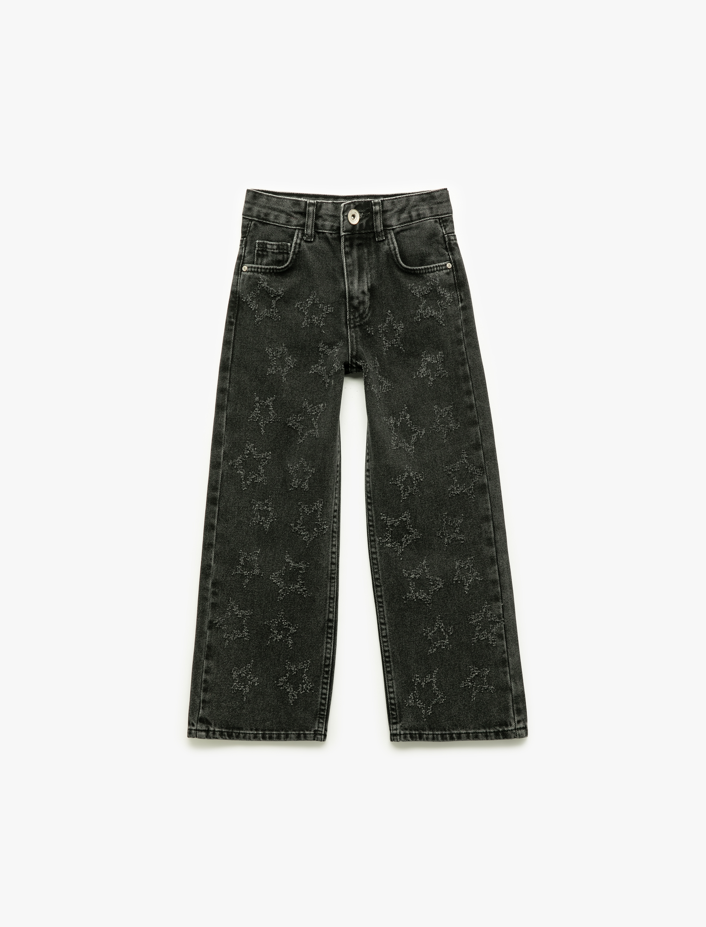  Kız Çocuk Yıldız Desenli Bol Kalıp Pamuklu Geniş Paça Denim Pantolon