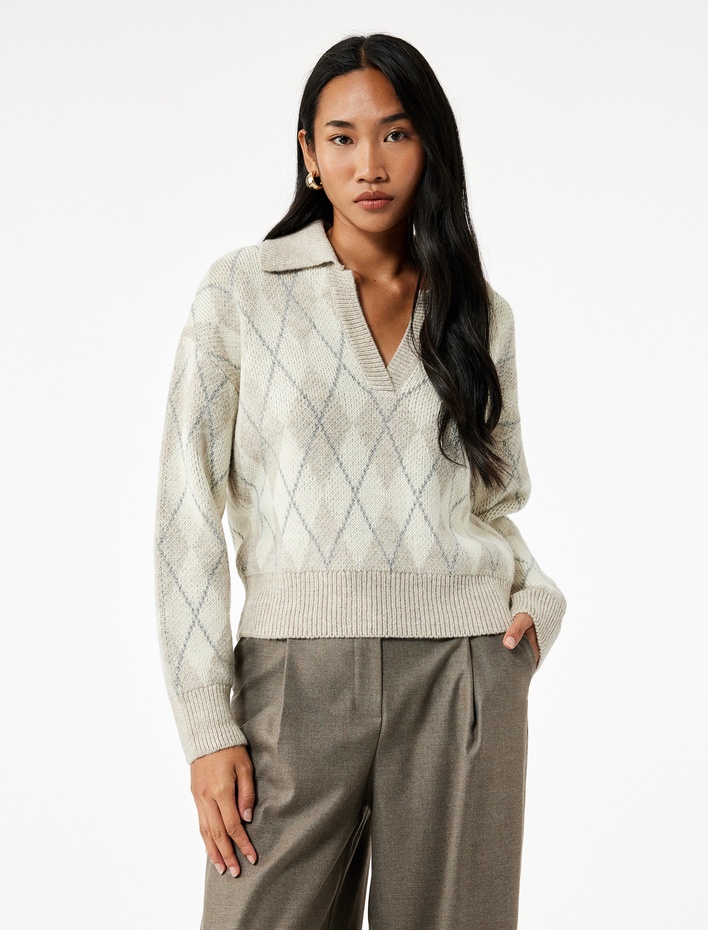  Uzun Kollu Baklava Desenli Polo Yaka Triko Oversize Kazak