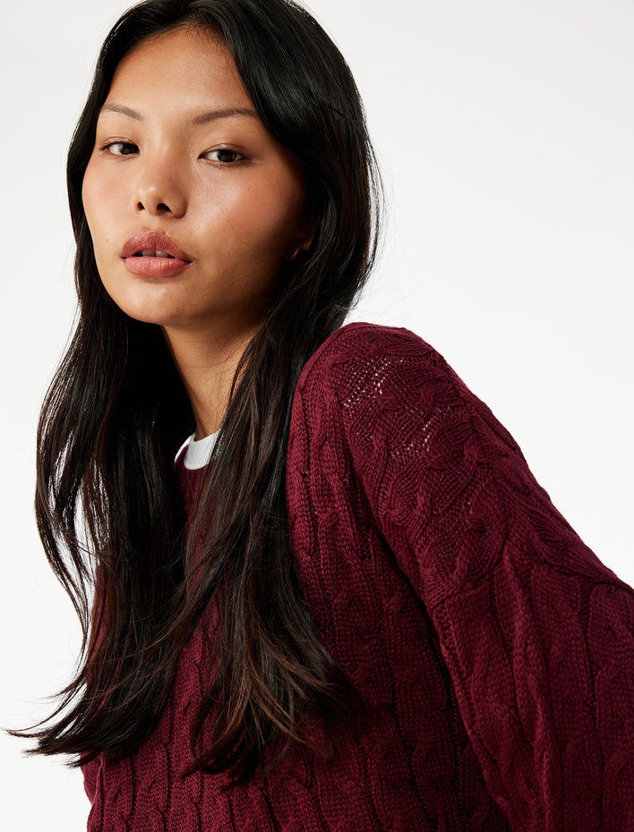  Uzun Kollu Bisiklet Yaka Saç Örgü Dokulu Triko Kazak