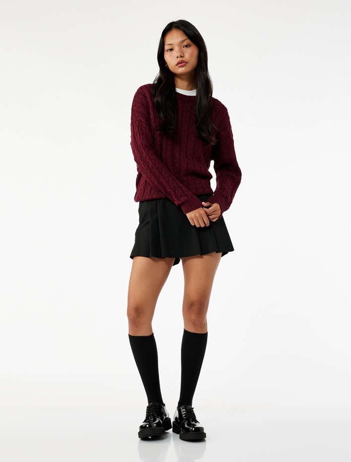  Uzun Kollu Bisiklet Yaka Saç Örgü Dokulu Triko Kazak