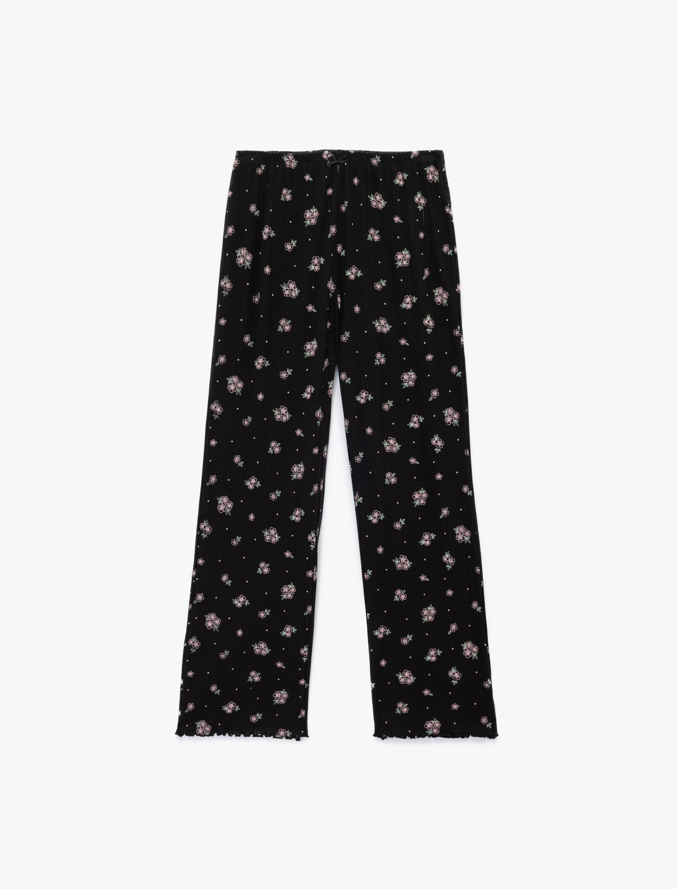   Pamuklu Düz Bol Paça Çiçekli Pijama Altı