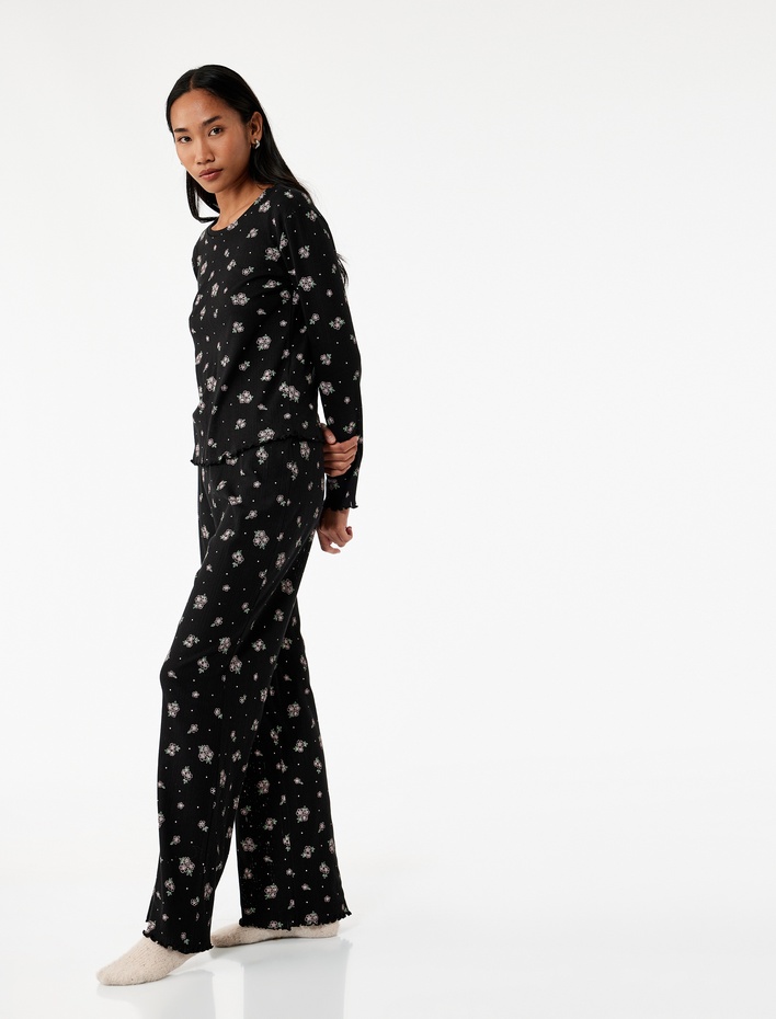  Pamuklu Düz Bol Paça Çiçekli Pijama Altı