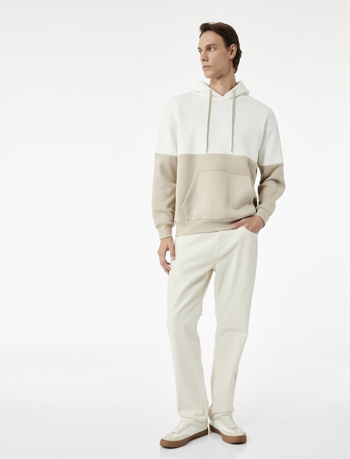  Kapşonlu Renk Bloklu Pamuklu Şardonlu Oversize Kanguru Cepli Hoodie