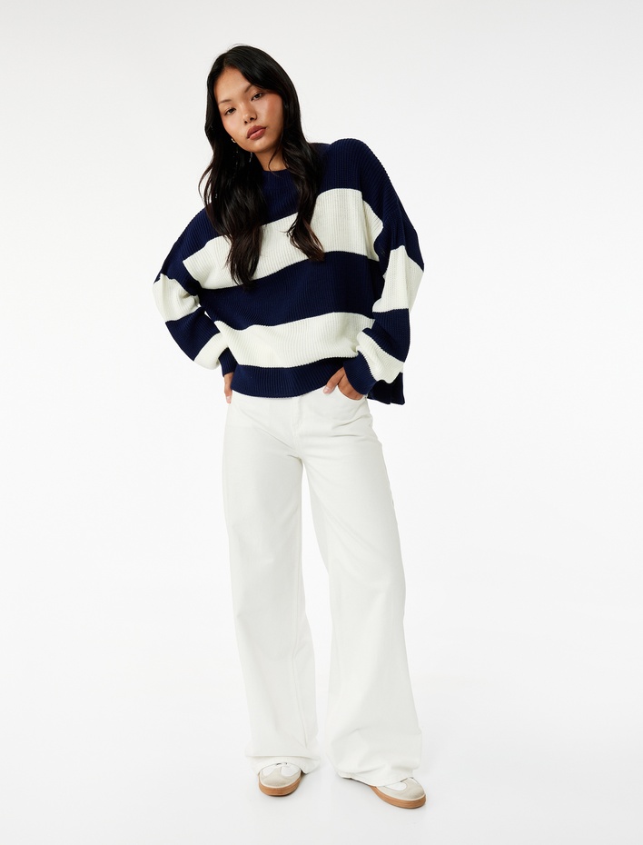  Uzun Kollu Bisiklet Yaka Renk Bloklu Triko Kazak