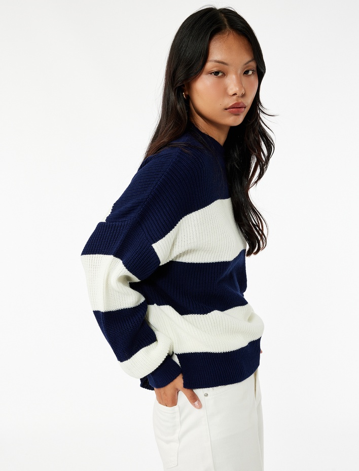  Uzun Kollu Bisiklet Yaka Renk Bloklu Triko Kazak