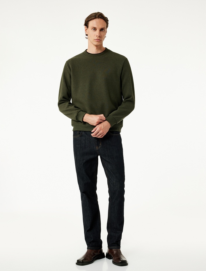  Dokulu Uzun Kollu Basic Bisiklet Yaka Sweatshirt