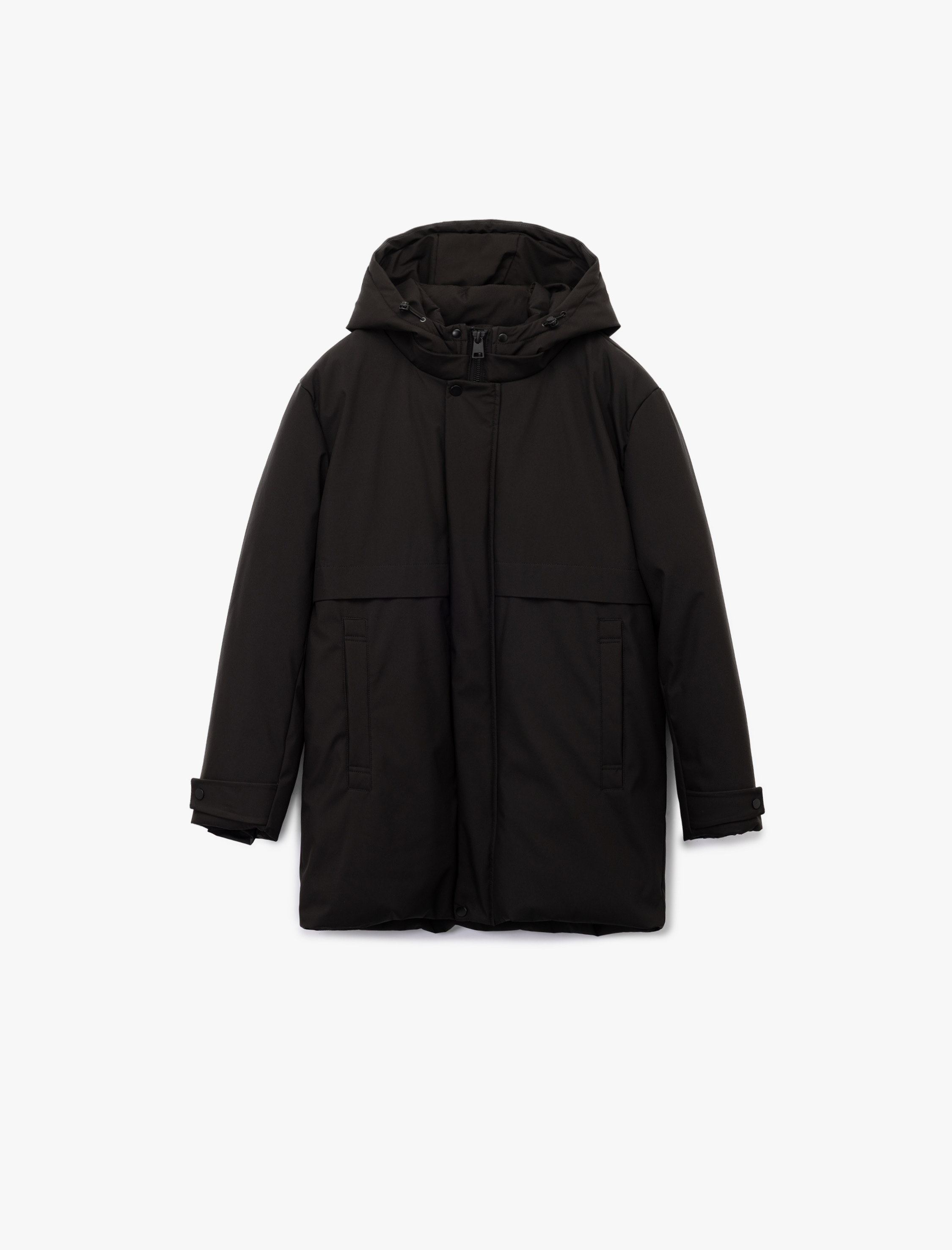   Uzun Kollu Baskılı Cepli Çıtçıt Düğme Detaylı Fermuarlı Kapüşonlu Parka