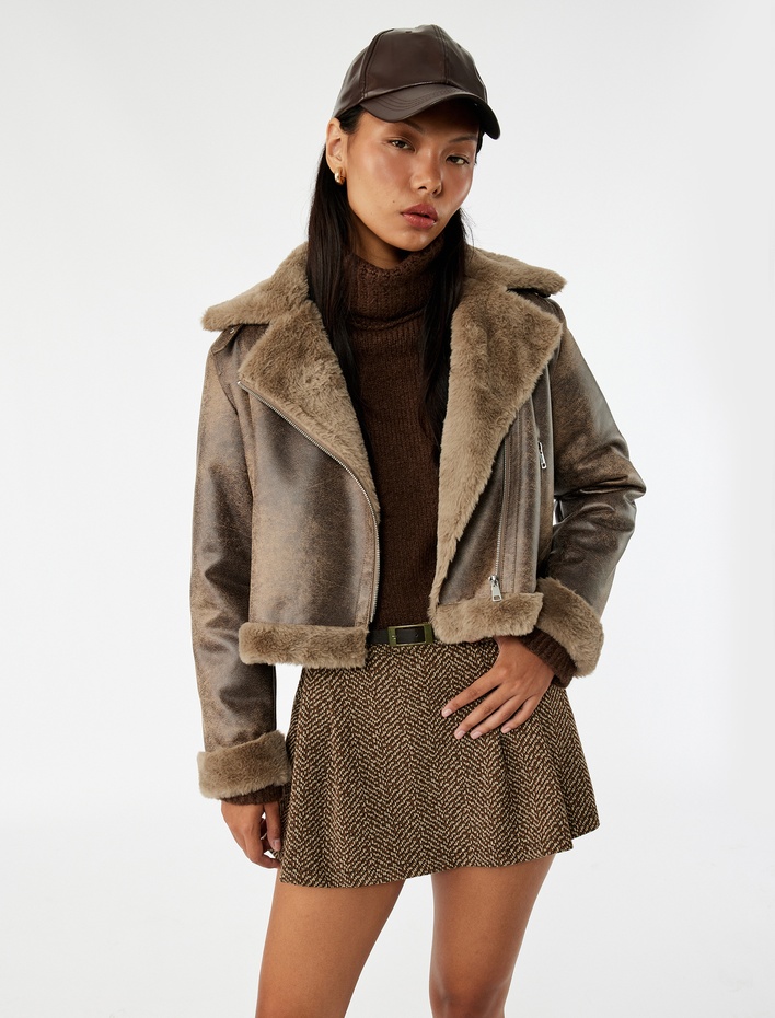  Uzun Kollu Deri Görünümlü Suni Kürk Yaka Biker Ceket