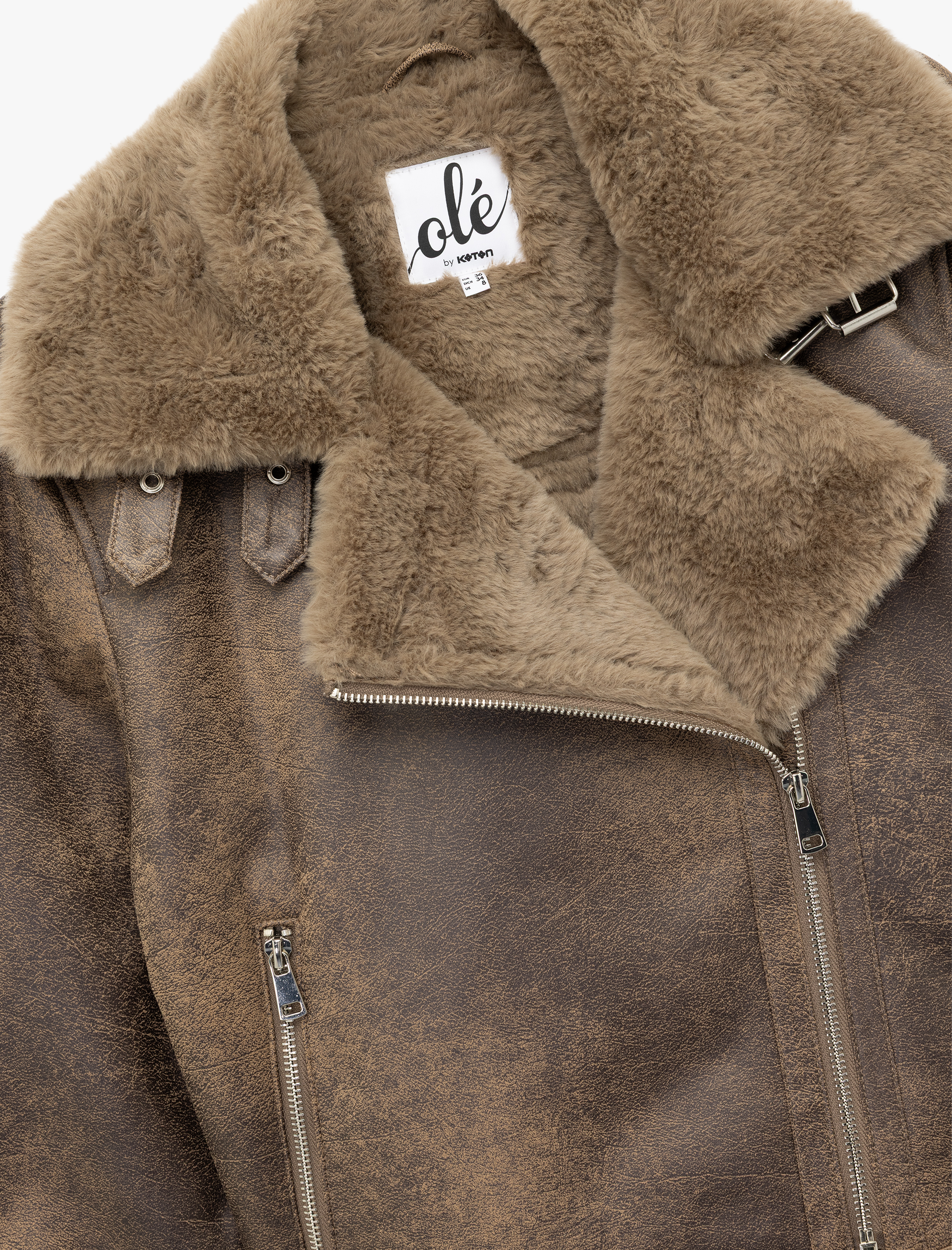   Uzun Kollu Deri Görünümlü Suni Kürk Yaka Biker Ceket