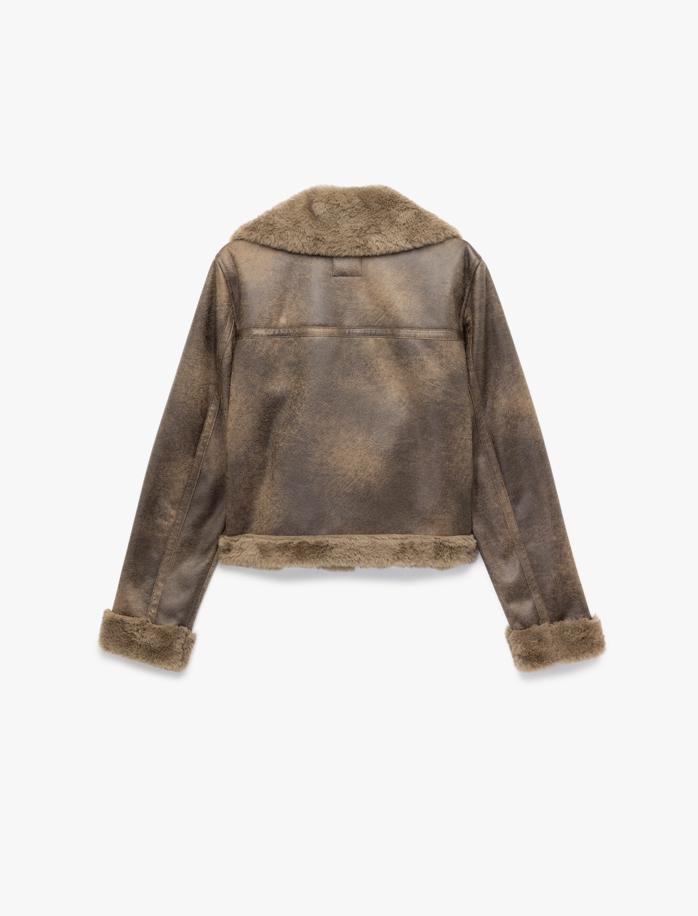   Uzun Kollu Deri Görünümlü Suni Kürk Yaka Biker Ceket