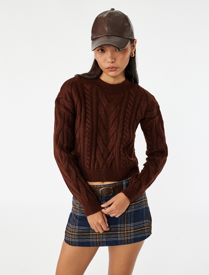  Uzun Kollu Bisiklet Yaka Saç Örgülü Triko Kazak