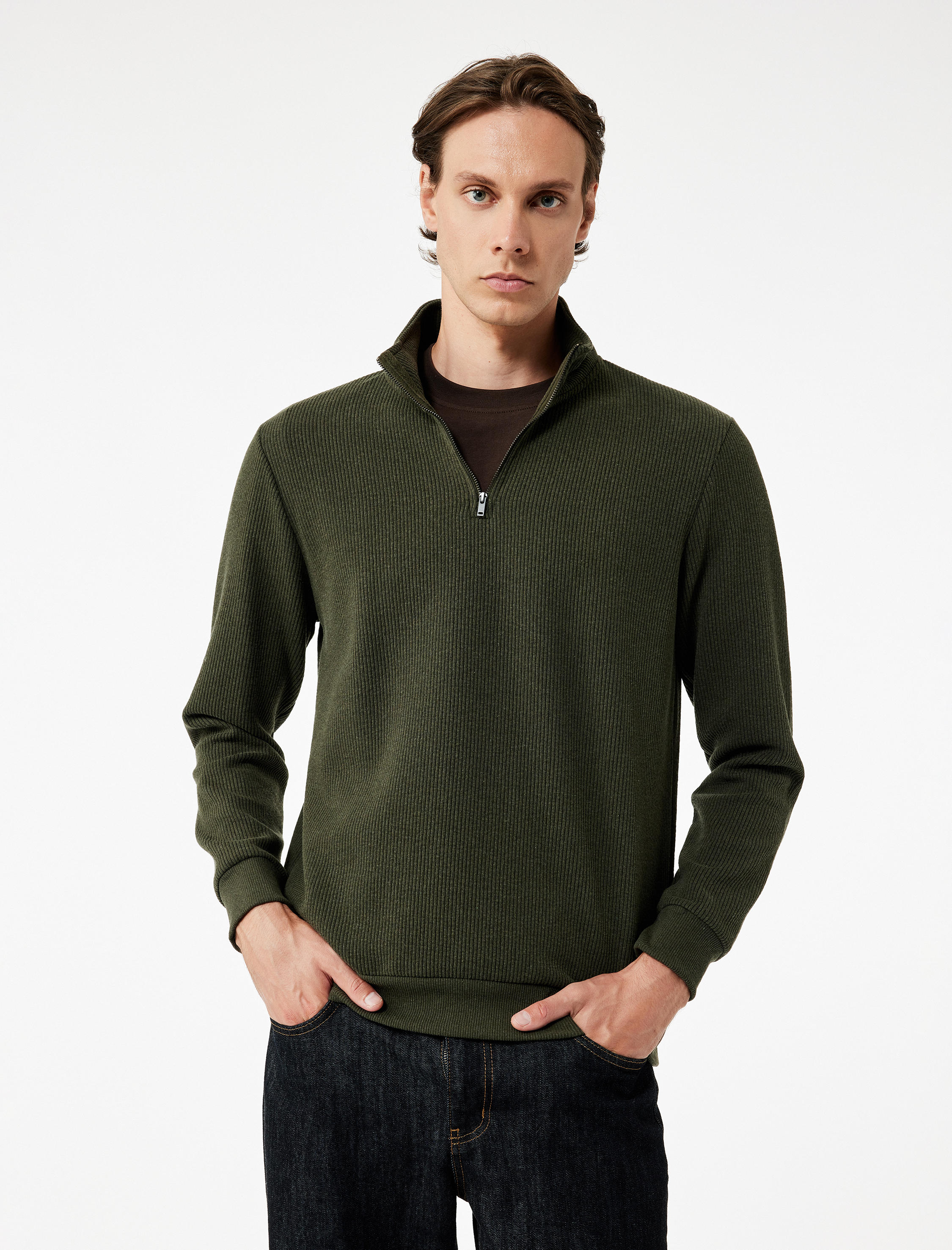   Dokulu Uzun Kollu Yarım Fermuarlı Sweatshirt