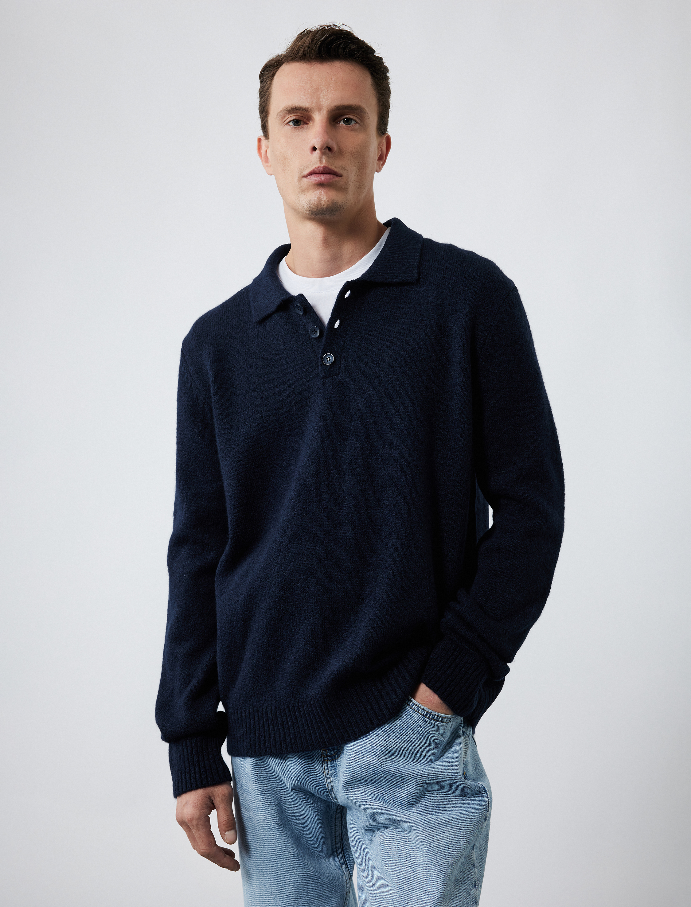   Uzun Kollu Düğmeli Polo Yaka Triko Kazak