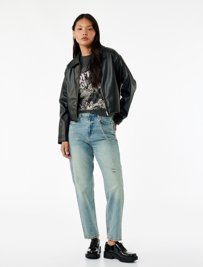  Yüksek Bel Rahat Kalıp Yıpratılmış Zincir Detaylı Mom Jean Pantolon - Mom Slim Jean