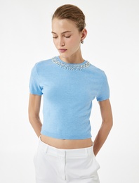 Viskon Karışımlı Boncuk Detaylı Kısa Kollu Triko Kazak