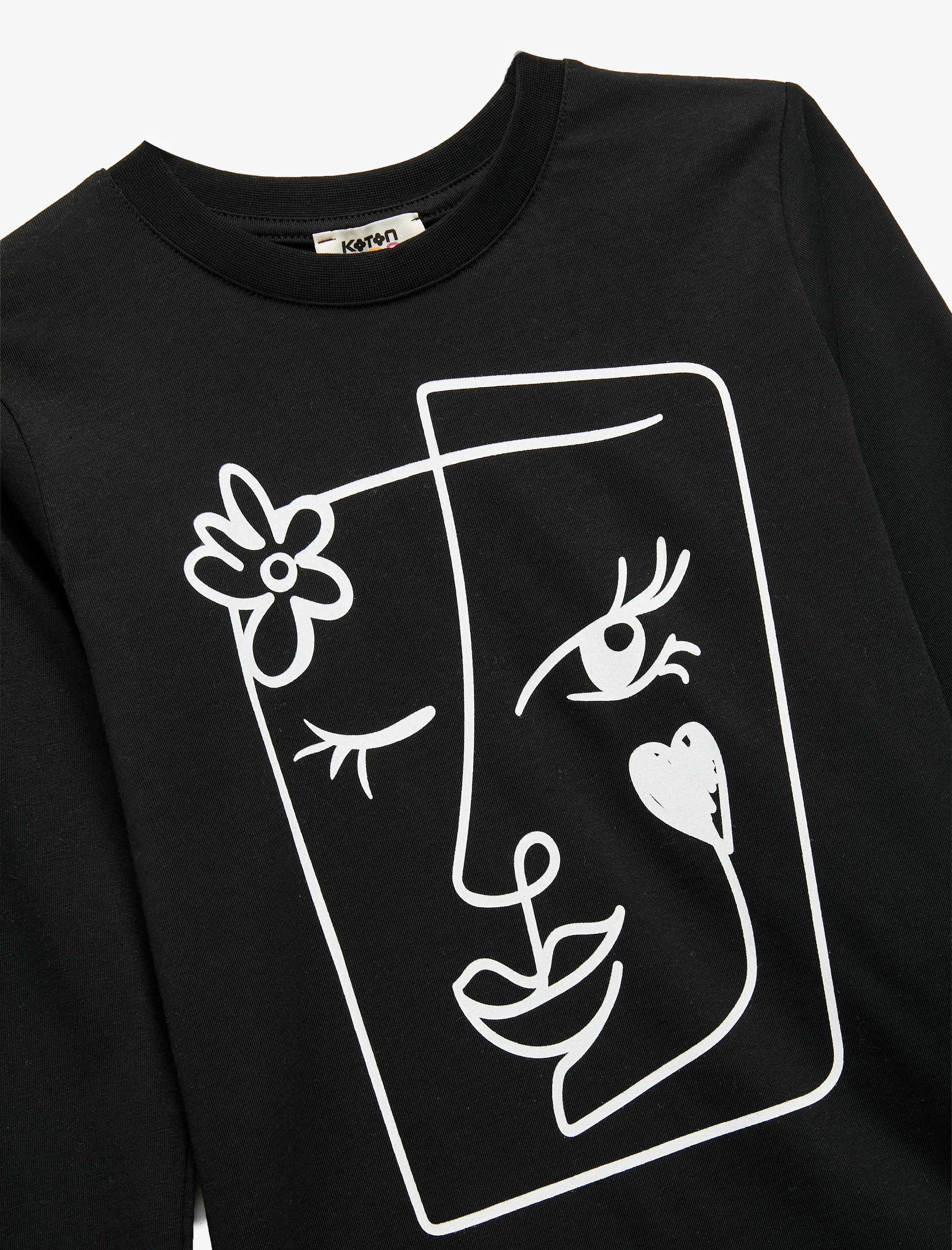  Kız Çocuk Baskılı Uzun Kollu Bisiklet Yaka Pamuklu Tişört