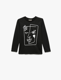 Baskılı Uzun Kollu Bisiklet Yaka Pamuklu Tişört