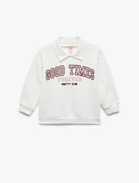 Uzun Kollu Şardonlu Baskılı Polo Yaka Sweatshirt