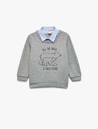 Uzun Kollu Gömlek Yaka Baskılı Sweatshirt
