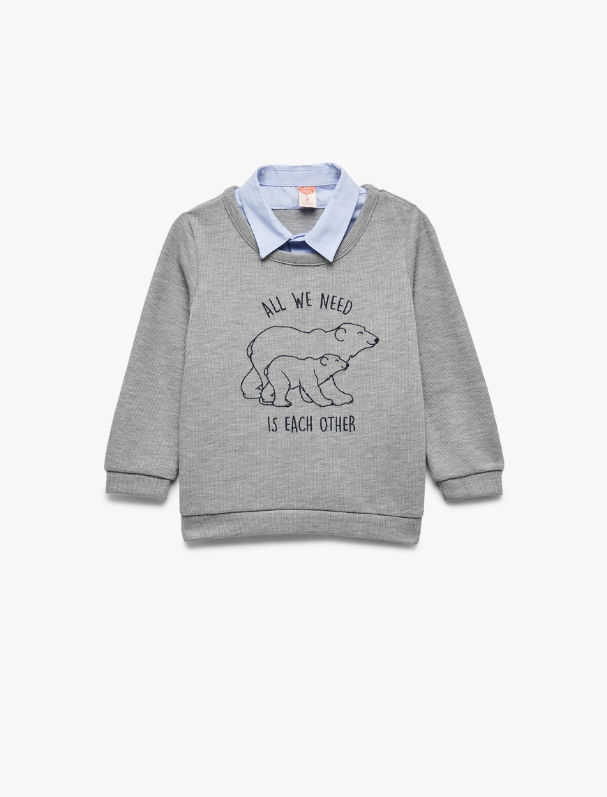  Erkek Bebek Uzun Kollu Gömlek Yaka Baskılı Sweatshirt