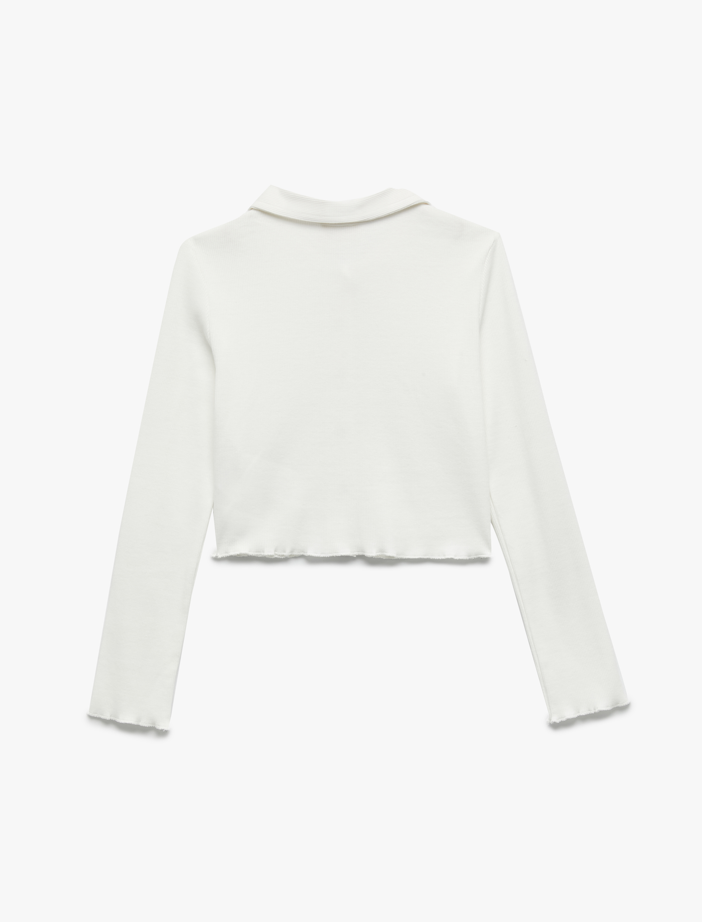  Kız Çocuk Pamuklu Uzun Kollu Gömlek Yaka Crop Tişört