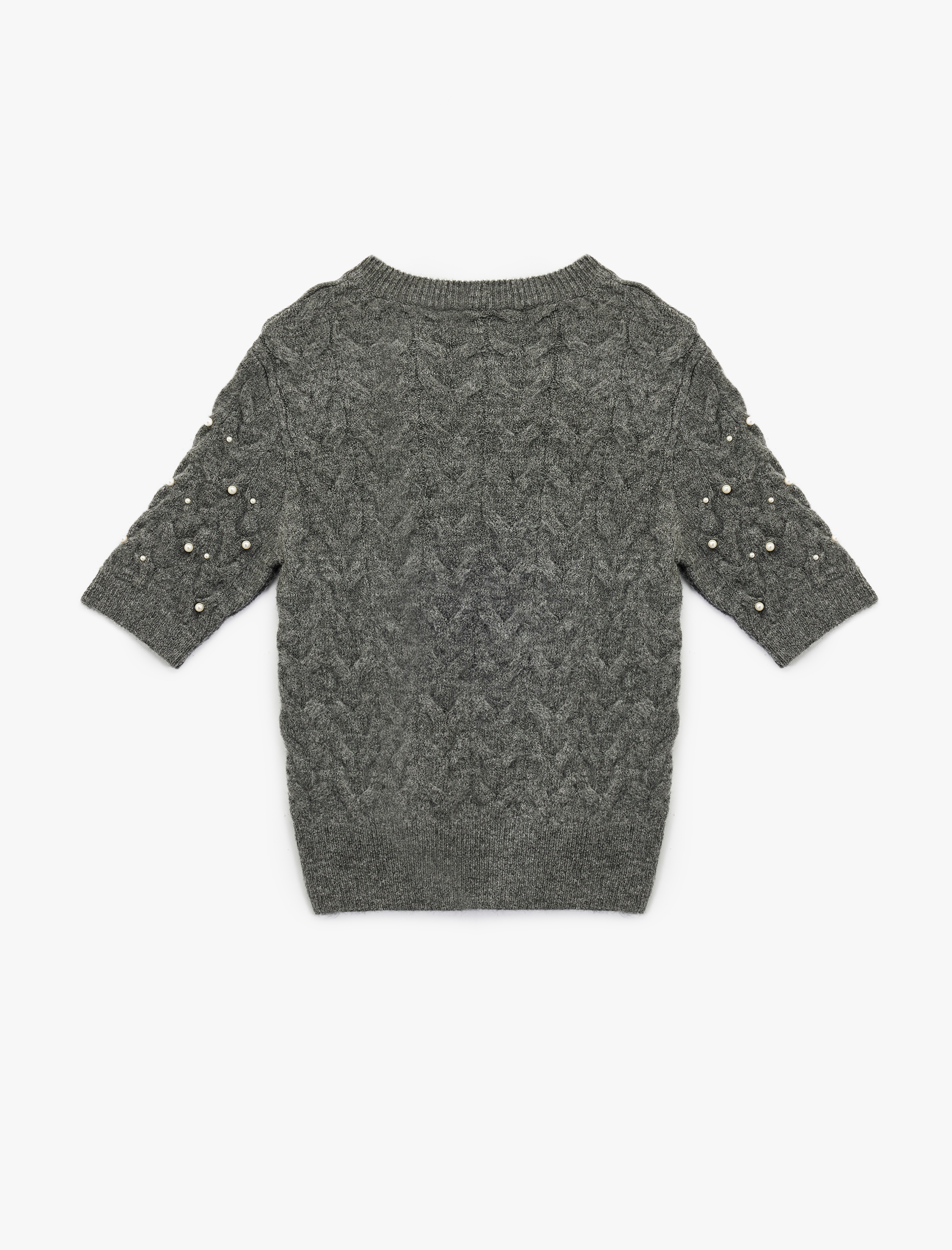   İnci İşleme Detaylı Kısa Kollu Bisiklet Yaka Saç Örgü Kazak