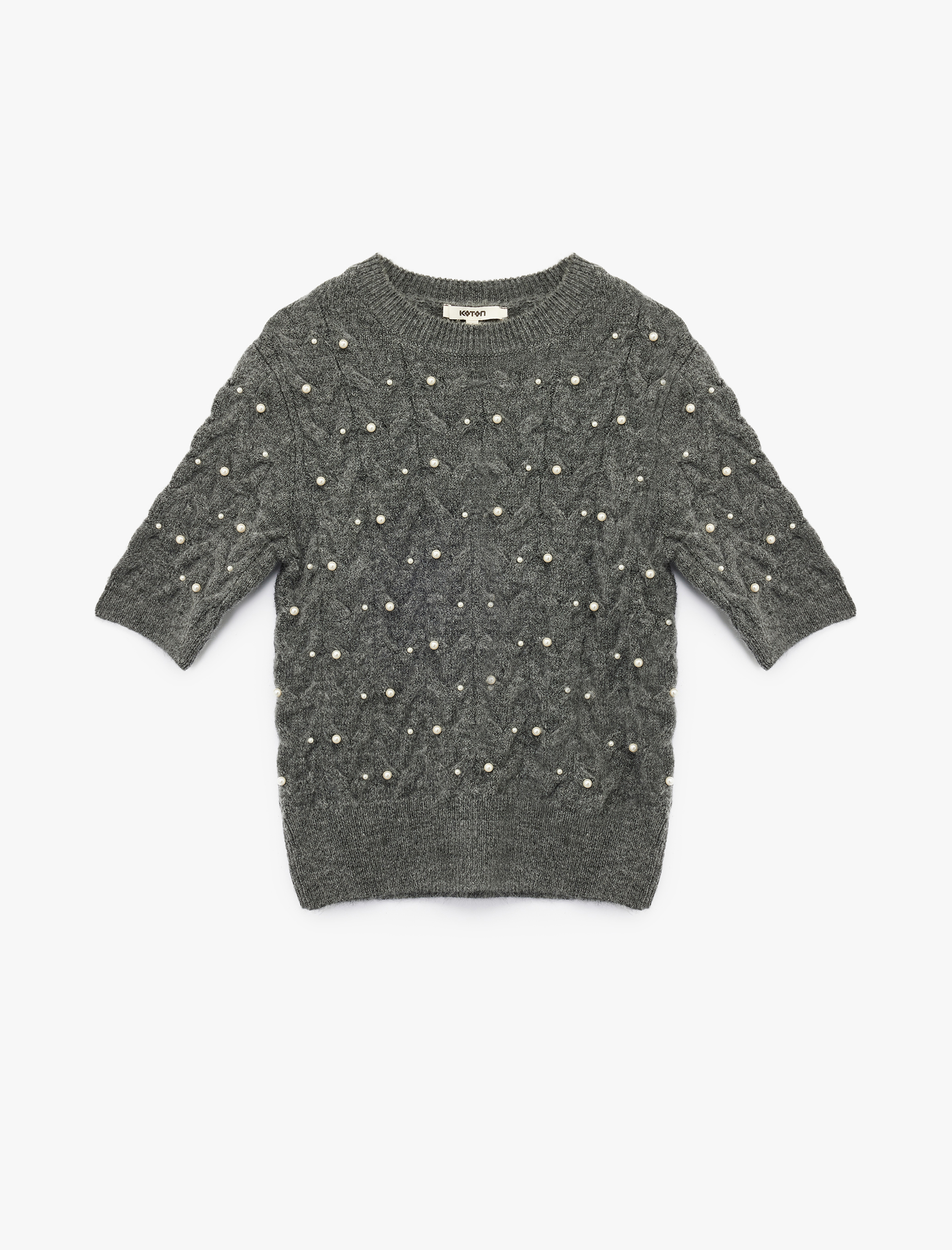   İnci İşleme Detaylı Kısa Kollu Bisiklet Yaka Saç Örgü Kazak