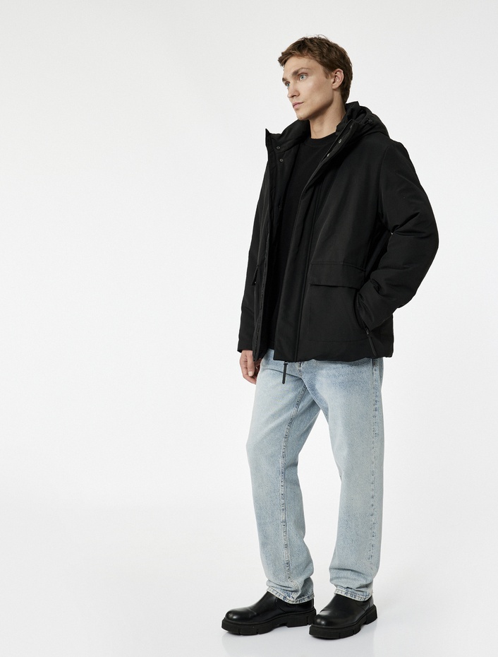  Çıtçıt Düğme Detaylı Fermuarlı Cepli Kapüşonlu Şişme Ceket