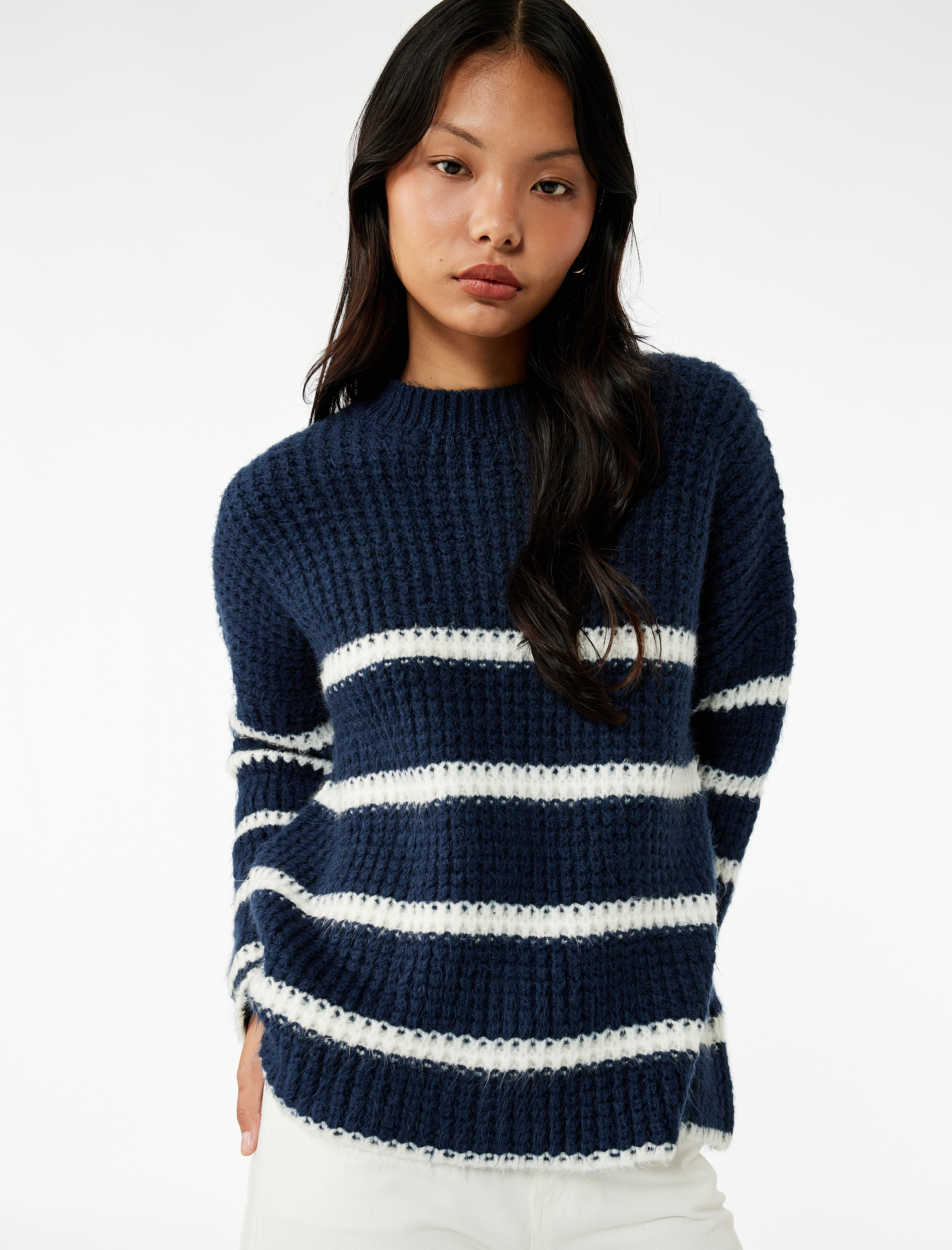   Şerit Desenli Bisiklet Yaka Uzun Kollu Triko Kazak