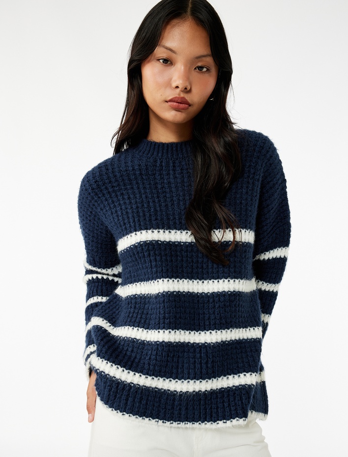  Şerit Desenli Bisiklet Yaka Uzun Kollu Triko Kazak