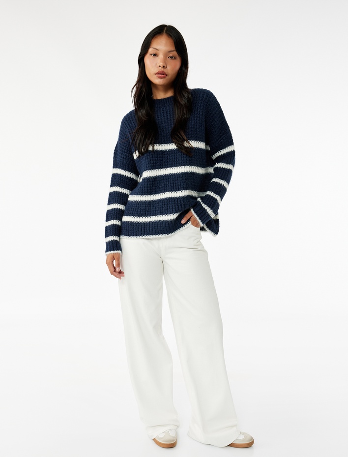  Şerit Desenli Bisiklet Yaka Uzun Kollu Triko Kazak