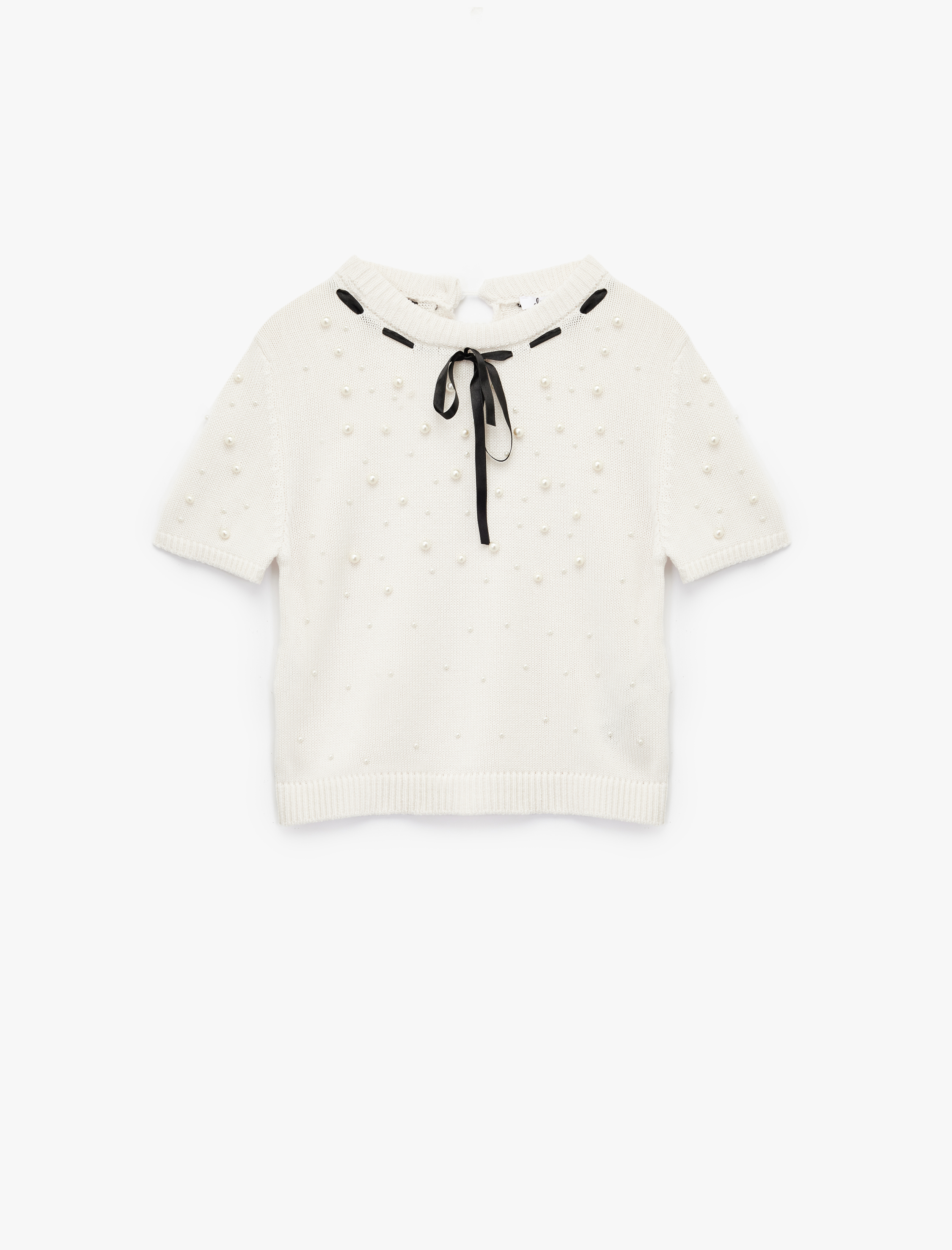   İnci Detaylı Fiyonklu Kısa Kollu Bisiklet Yaka Triko Kazak