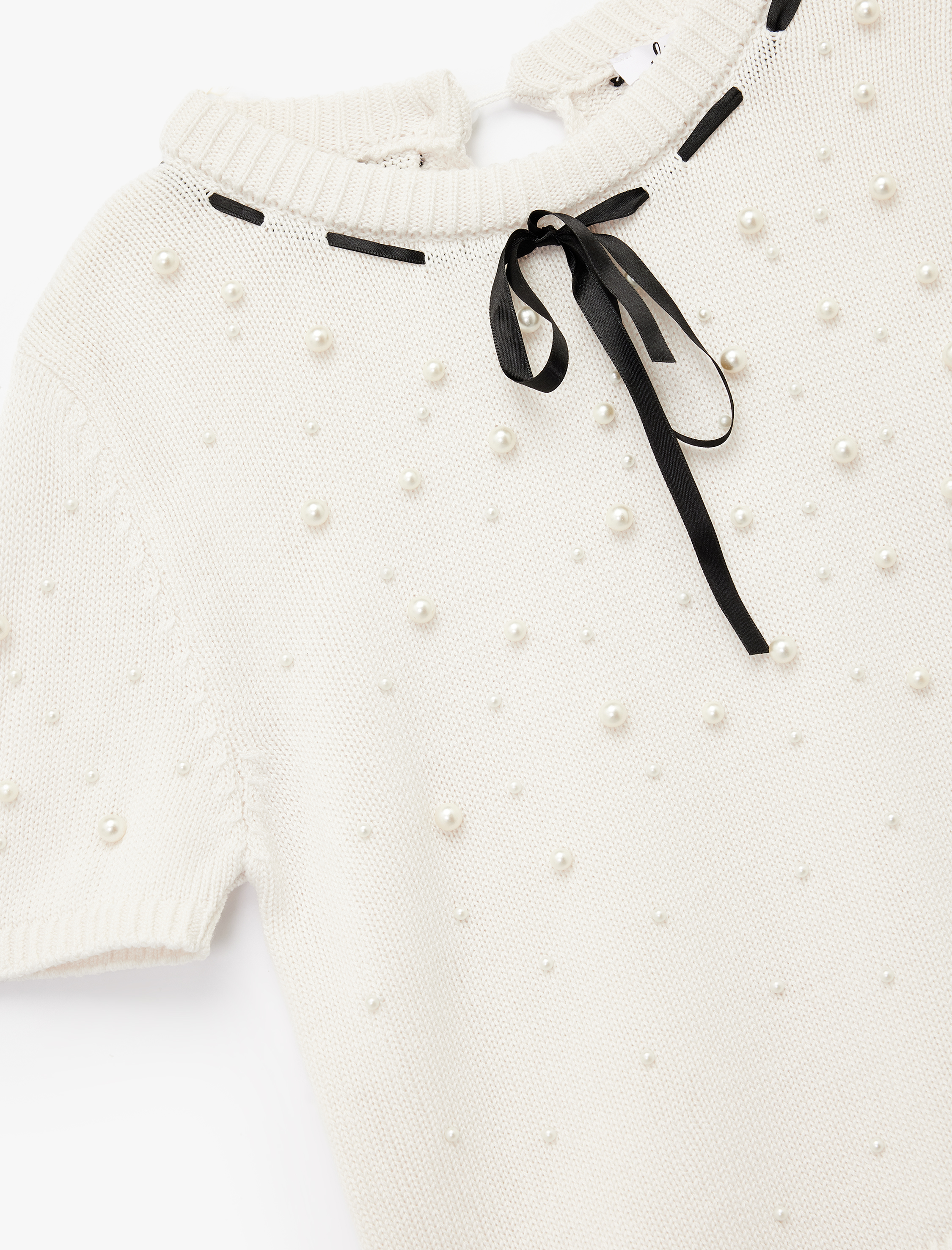   İnci Detaylı Fiyonklu Kısa Kollu Bisiklet Yaka Triko Kazak