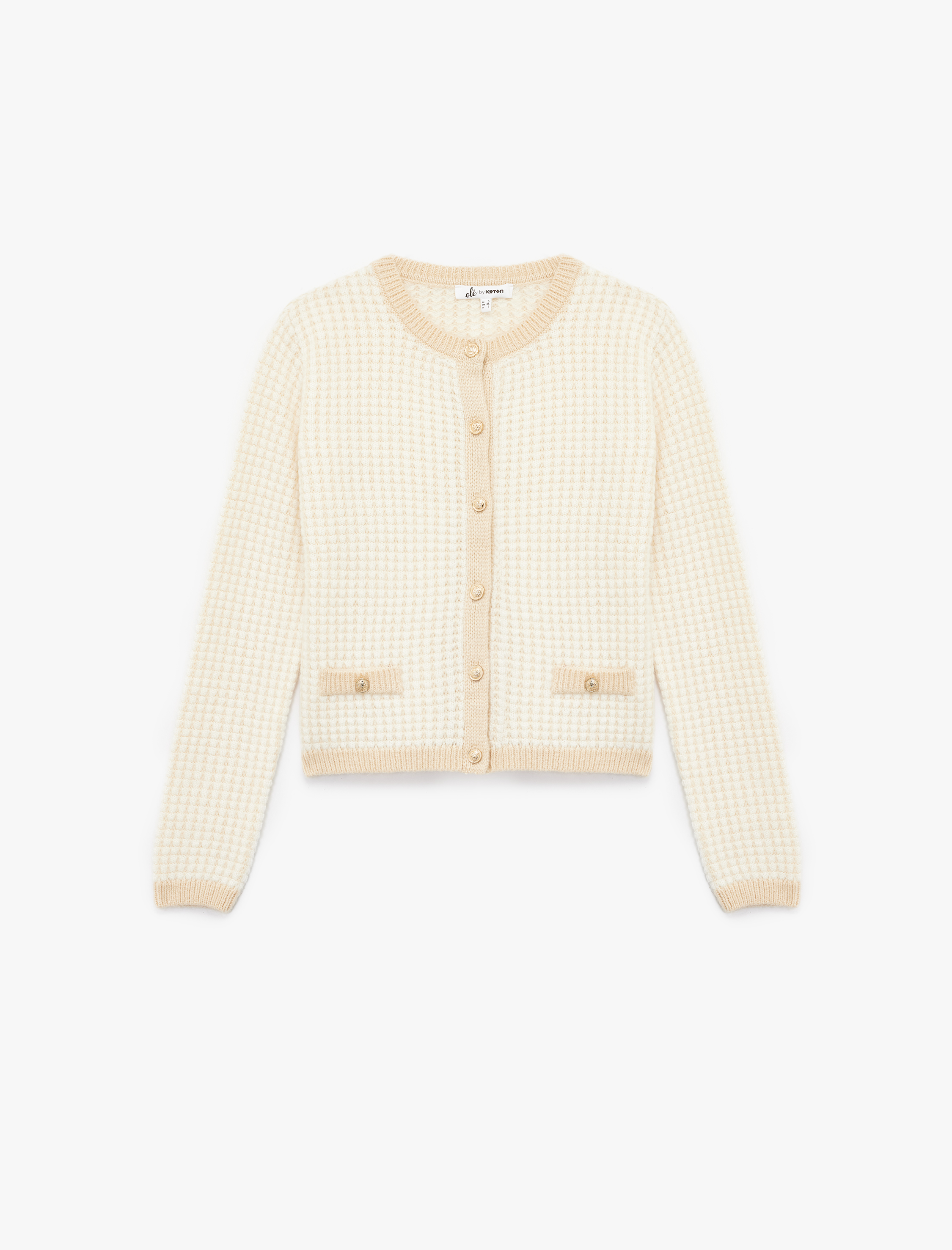   Düğmeli Cep Detaylı Minimal Desenli Uzun Kollu Bisiklet Yaka Triko Hırka