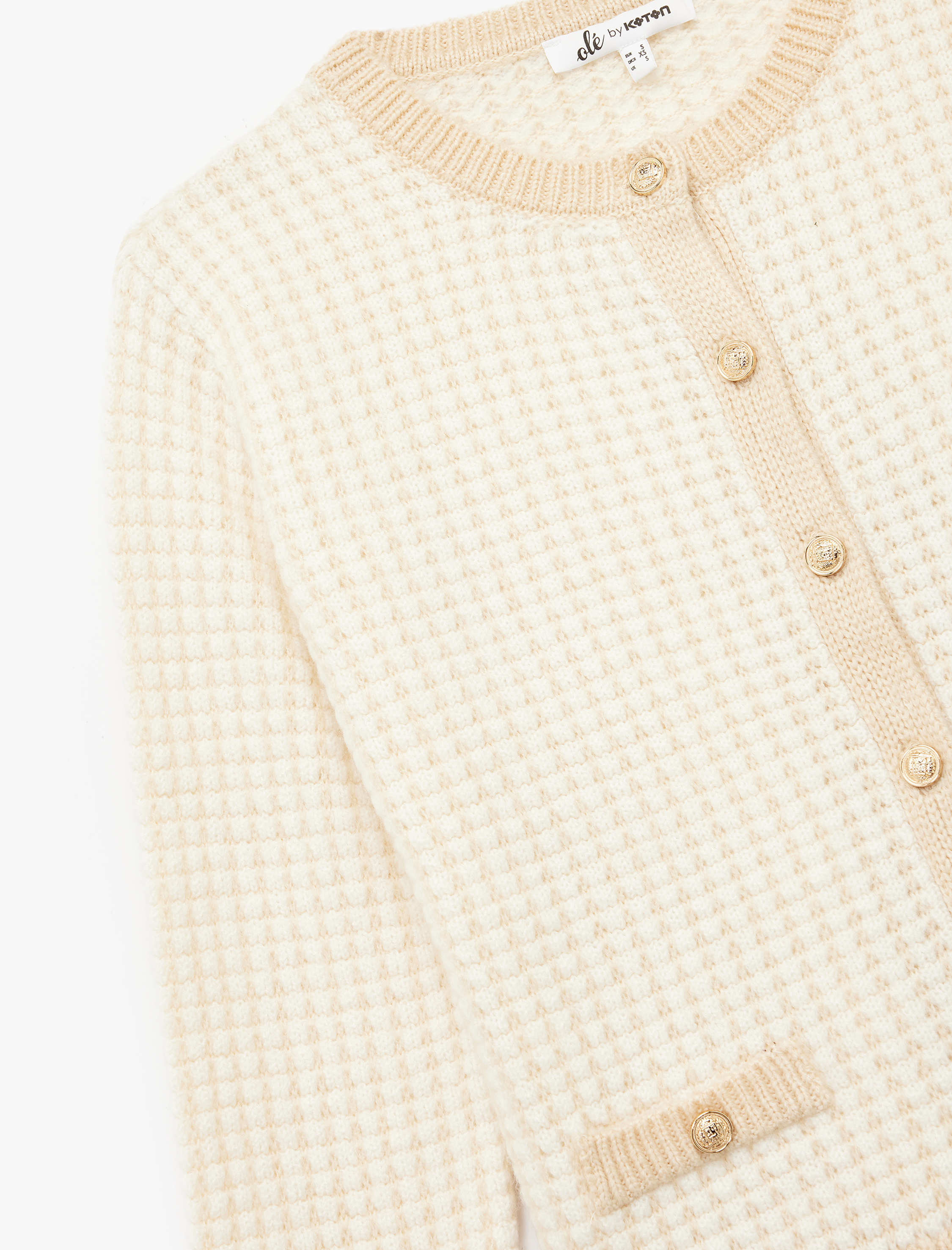   Düğmeli Cep Detaylı Minimal Desenli Uzun Kollu Bisiklet Yaka Triko Hırka