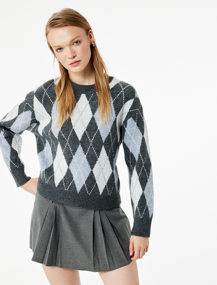  Uzun Kollu Bisiklet Yaka Baklava Desenli Triko Kazak