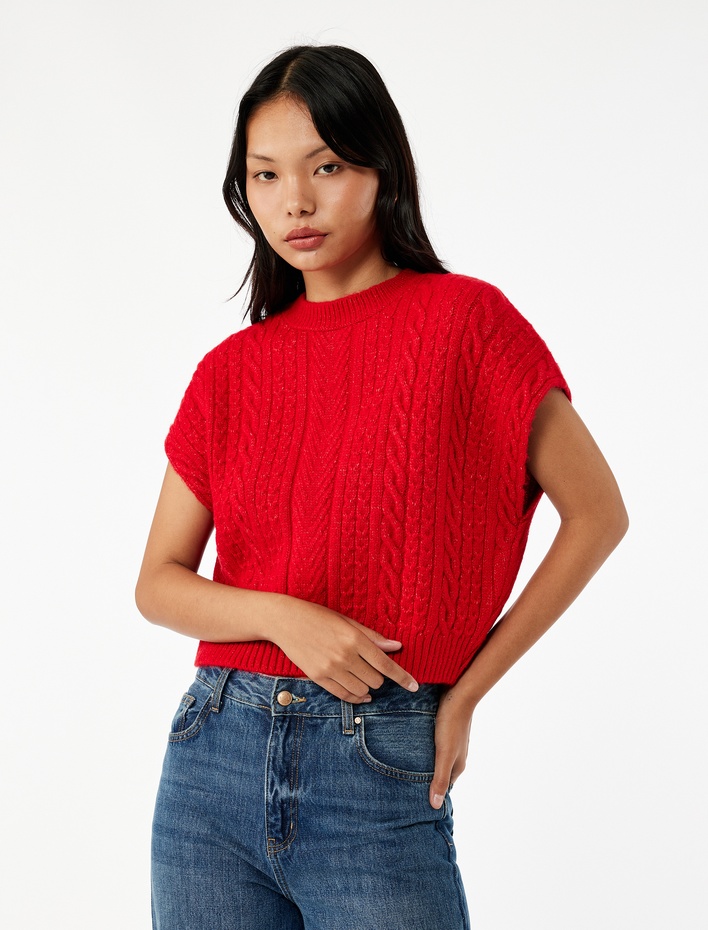  Bisiklet Yaka Kolsuz Saç Örgü Dokulu Triko Süveter