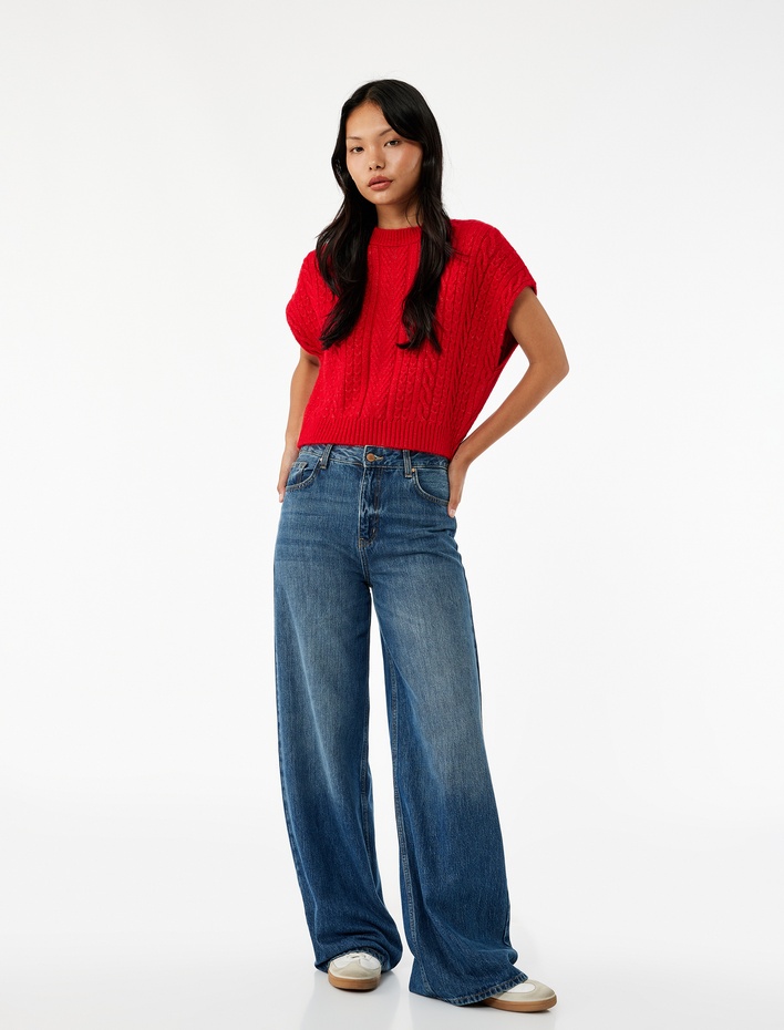  Bisiklet Yaka Kolsuz Saç Örgü Dokulu Triko Süveter