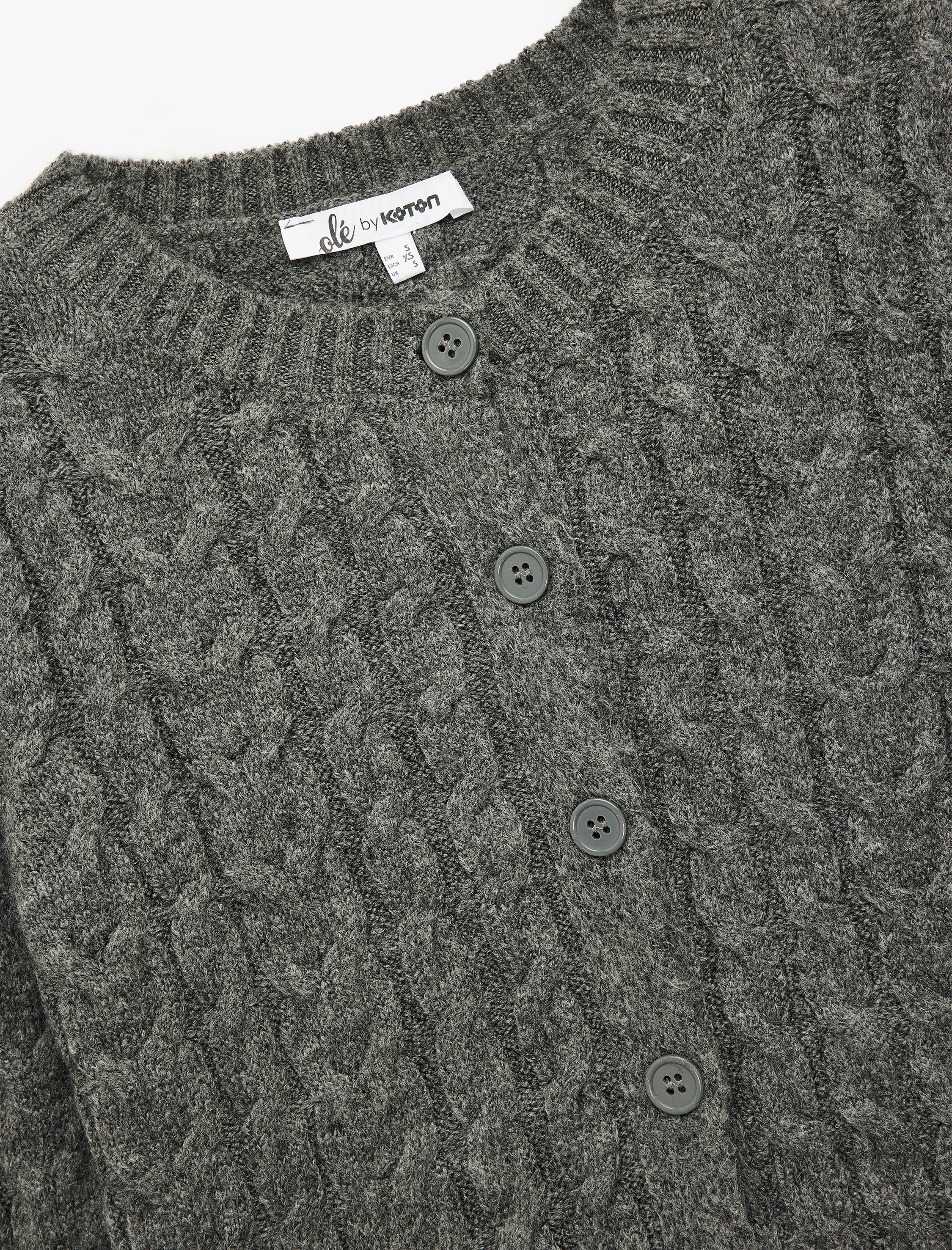   Düğmeli Bisiklet Yaka Uzun Kollu Saç Örgüsü Dokulu Triko Hırka