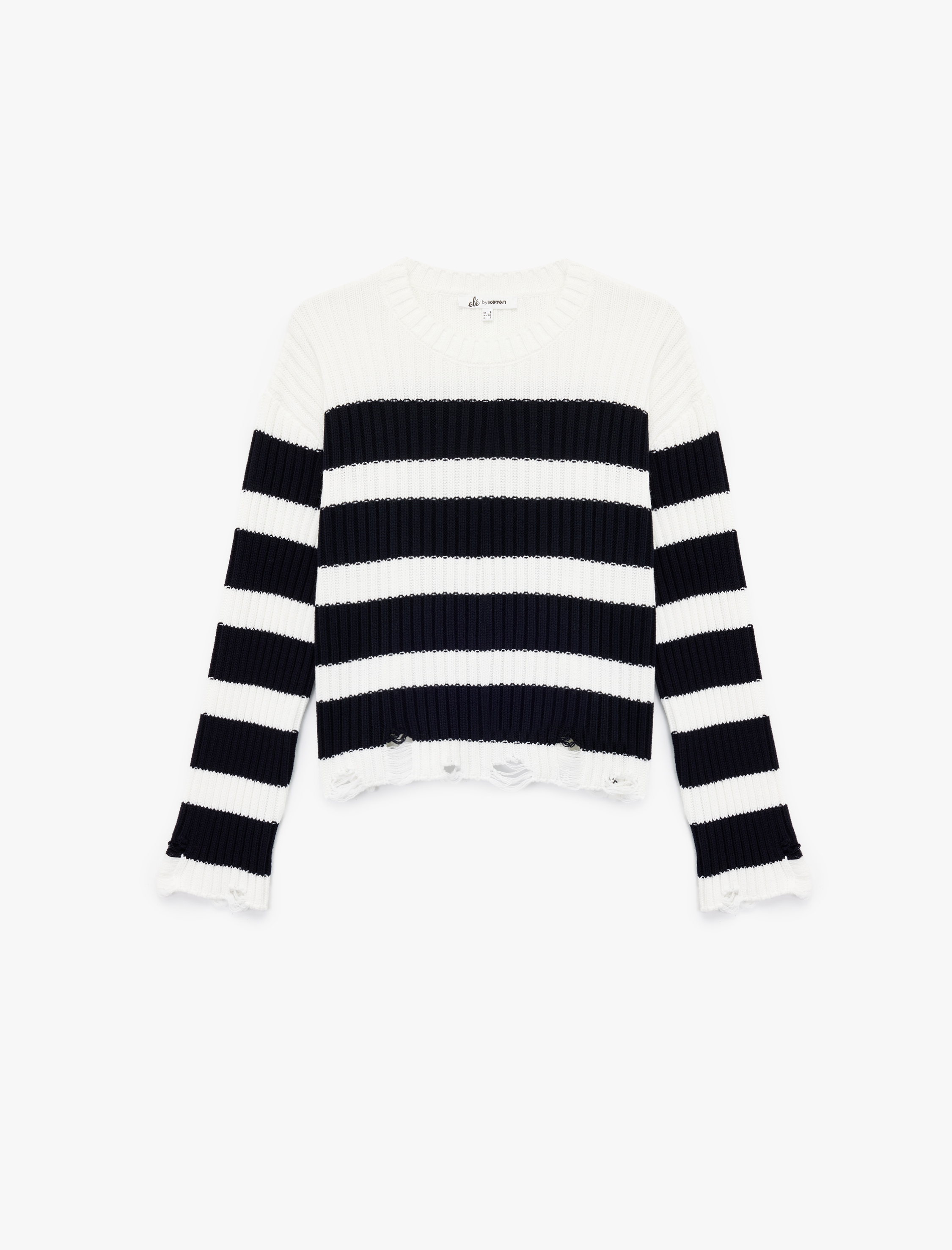   Renk Bloklu Uzun Kollu Bisiklet Yaka Yırtık Detaylı Triko Kazak