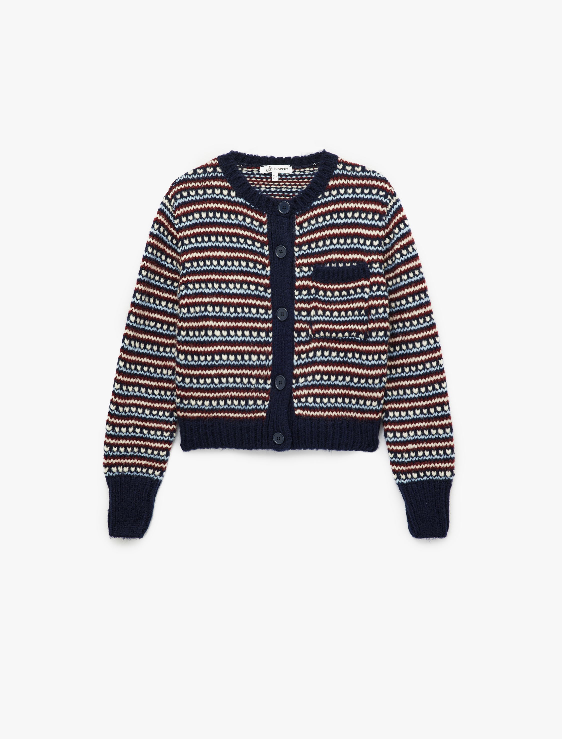   Düğmeli Cep Detaylı Uzun Kollu Bisiklet Yaka Kalpli Triko Hırka