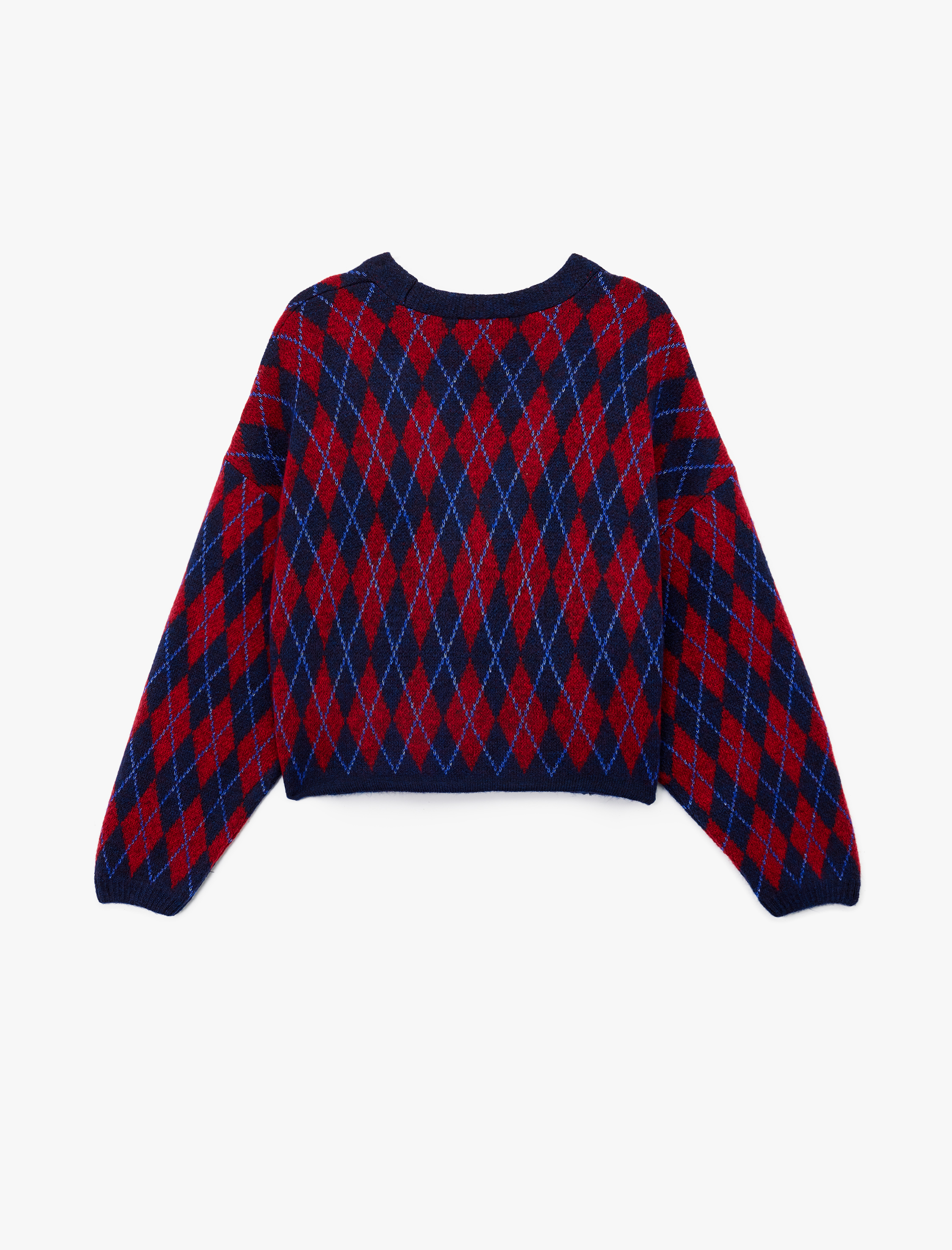   Düğmeli  V Yaka Bağcık Detaylı Geometrik Desenli Uzun Kollu Triko Hırka