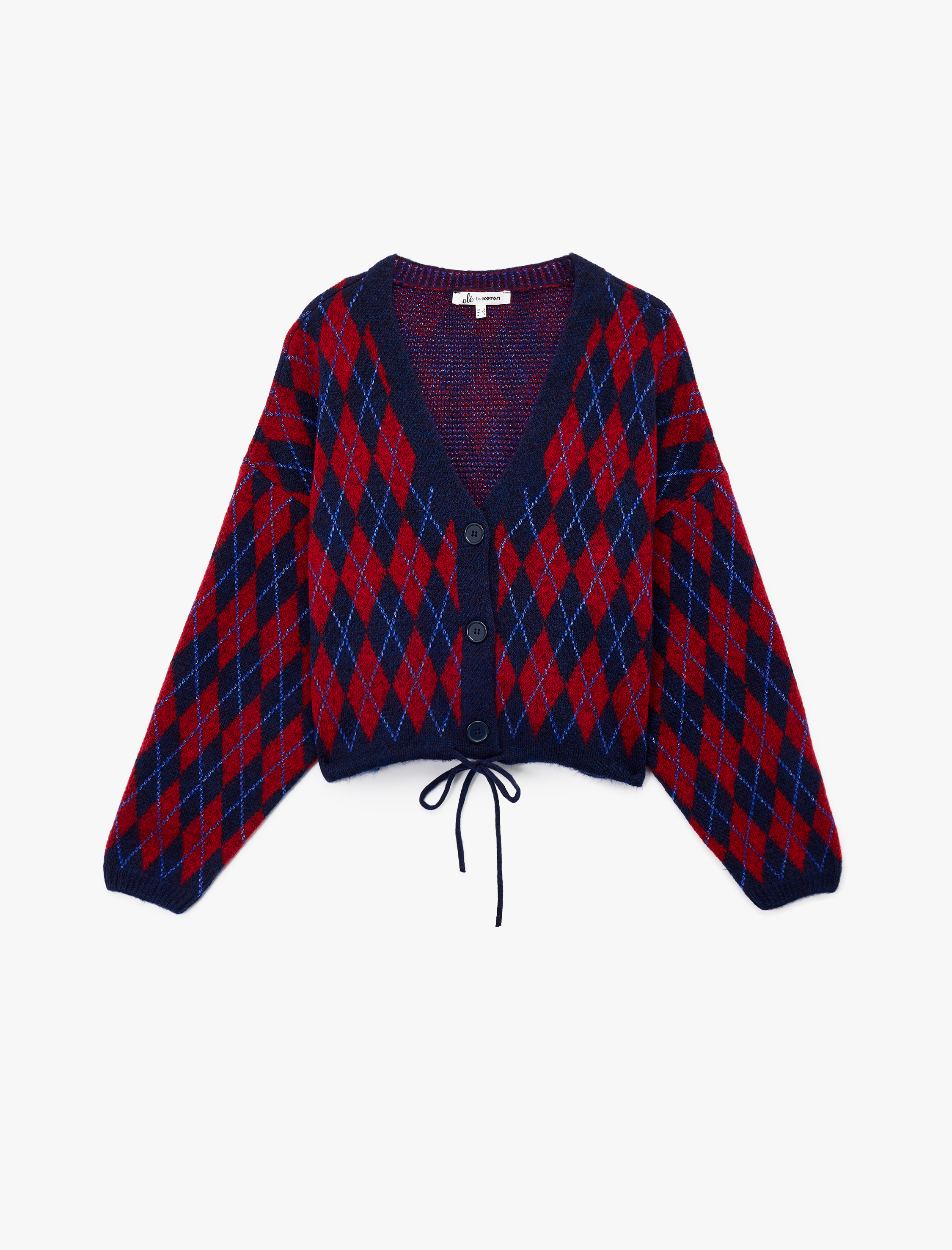   Düğmeli  V Yaka Bağcık Detaylı Geometrik Desenli Uzun Kollu Triko Hırka