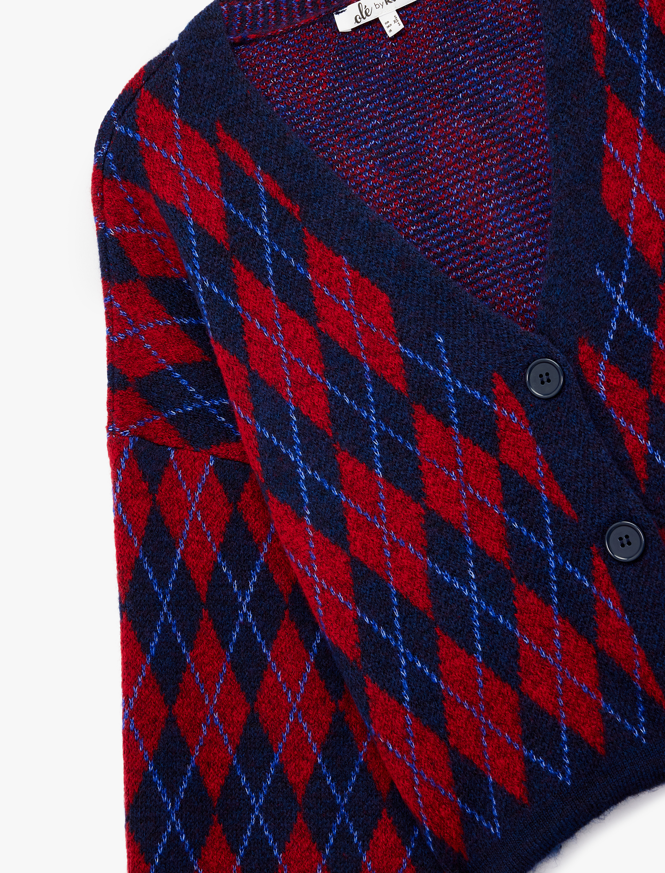   Düğmeli  V Yaka Bağcık Detaylı Geometrik Desenli Uzun Kollu Triko Hırka