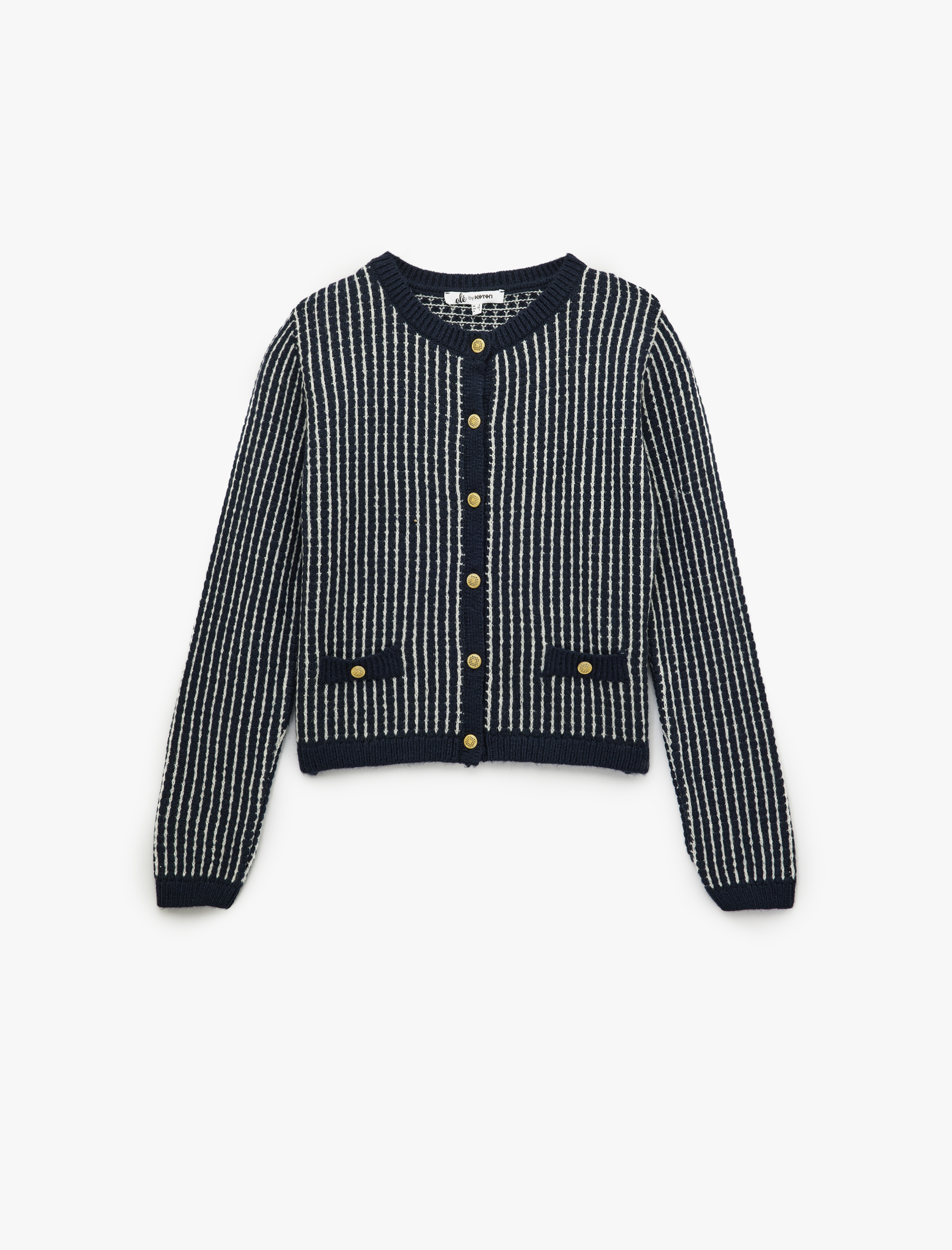   Cep Detaylı Düğmeli Uzun Kollu Bisiklet Yaka Triko Hırka