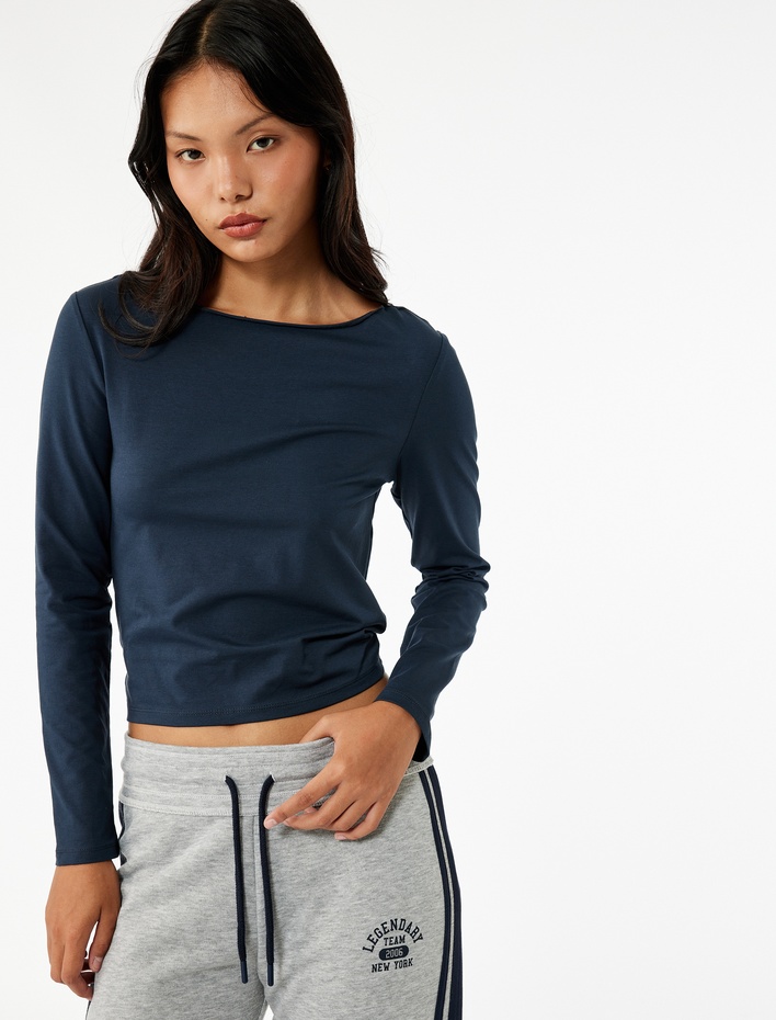  Uzun Kollu Bisiklet Yaka Pamuklu Slim Fit Basic Tişört