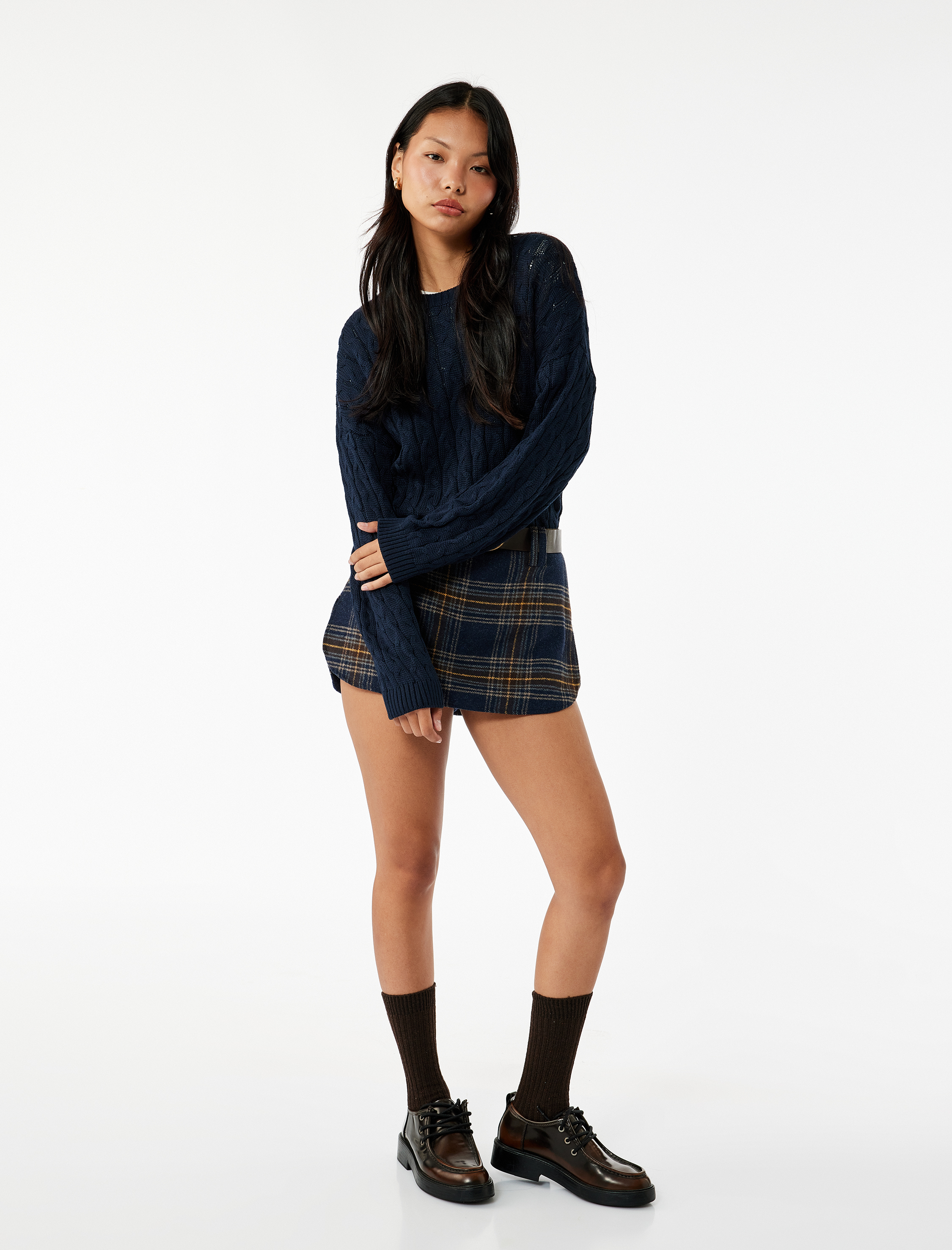   Uzun Kollu Bisiklet Yaka Saç Örgü Dokulu Triko Kazak